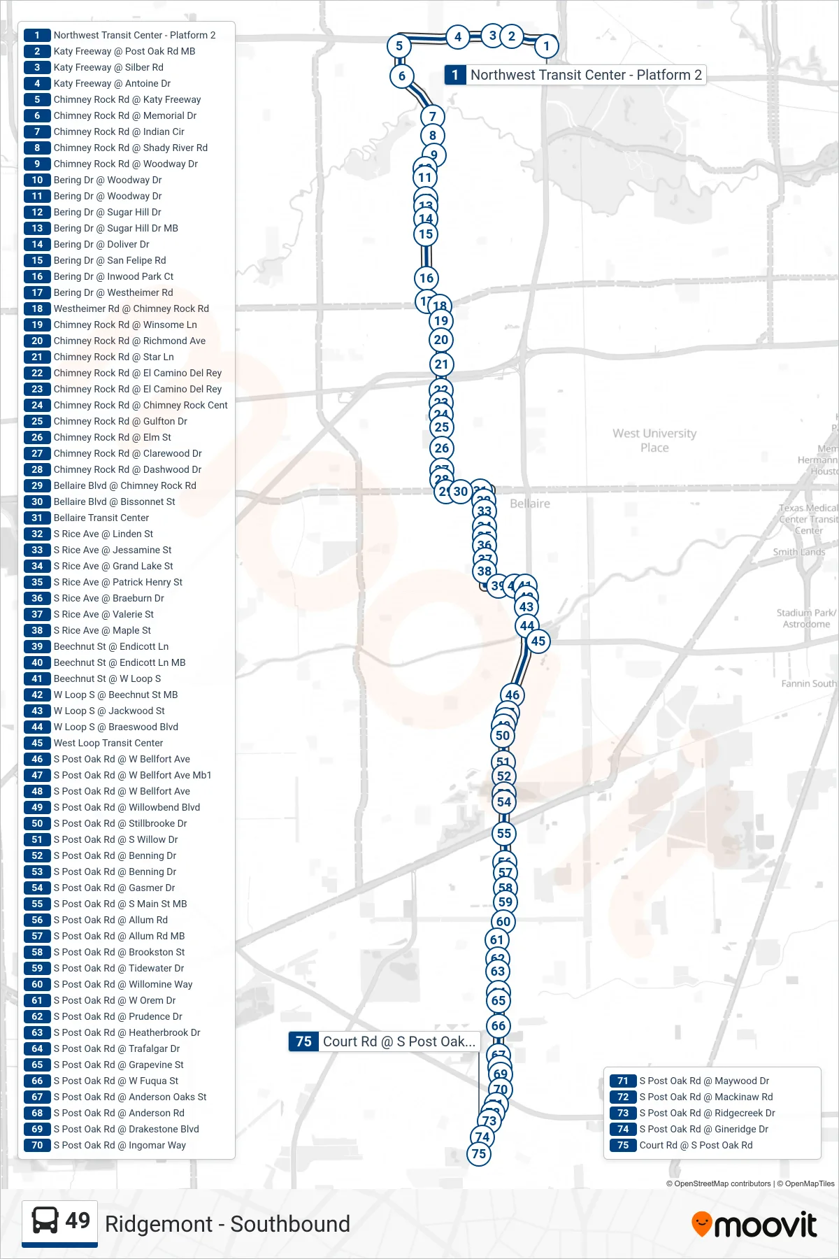 49 bus Line (Ridgemont - Southbound) route and stops on a map