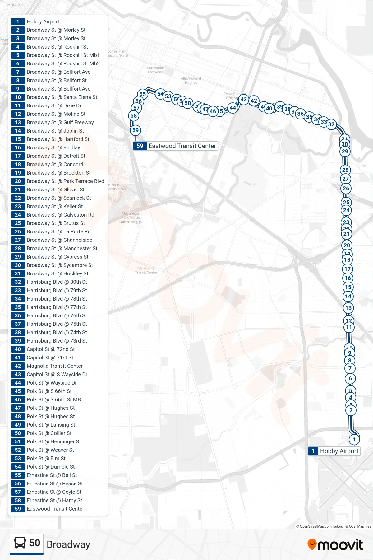 50 bus Line (Eastwood Tc - Northbound) route and stops on a map