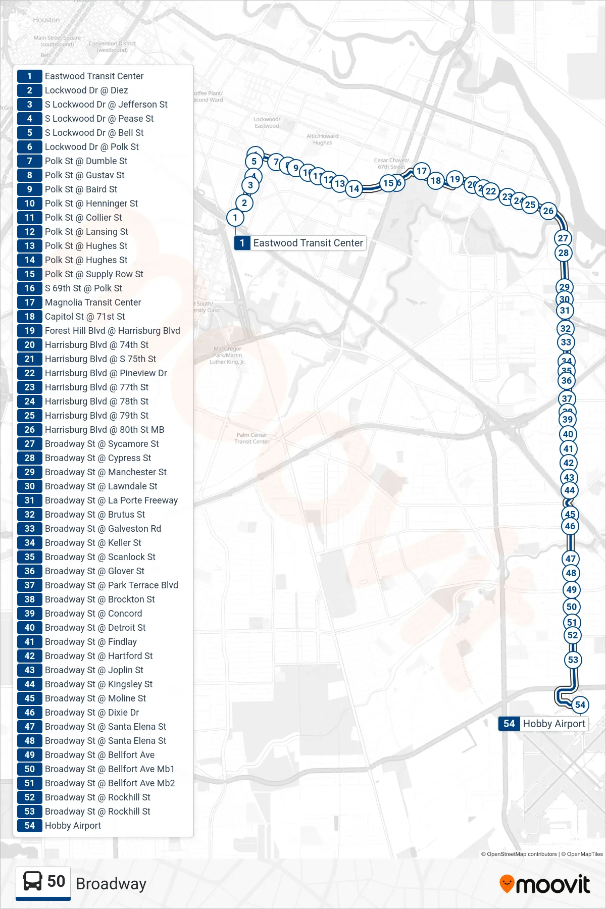50 bus Line (Hobby Airport - Southbound) route and stops on a map