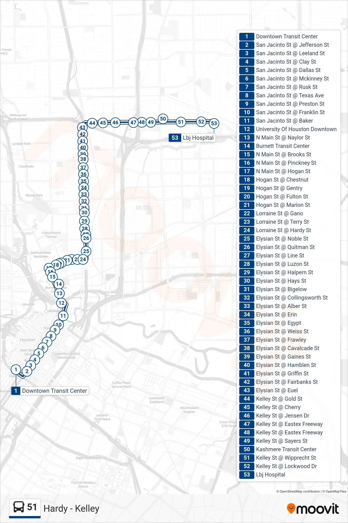 51 bus Line (Lbj Hospital - Northbound) route and stops on a map
