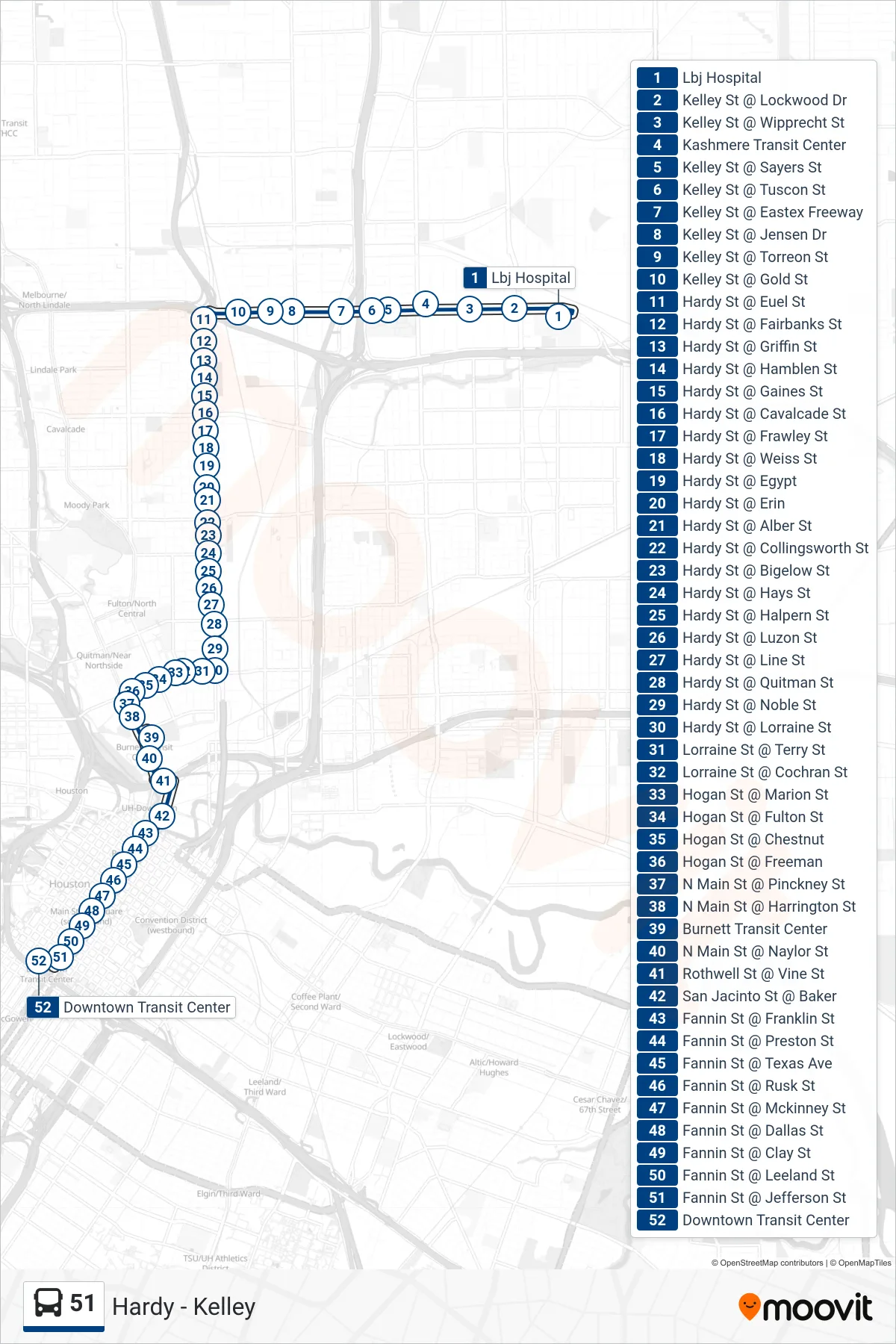 51 bus Line (Downtown Tc - Southbound) route and stops on a map