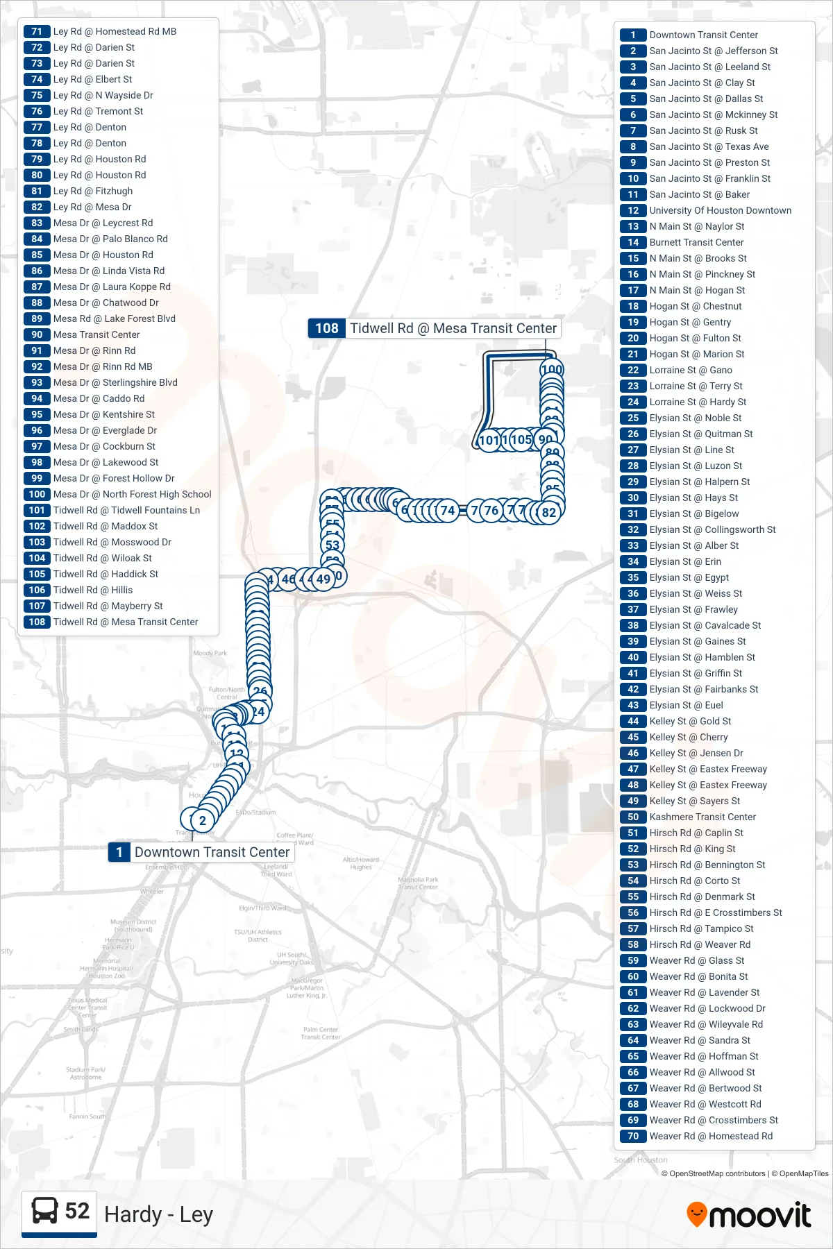 52 bus Line (Mesa Tc - Northbound) route and stops on a map