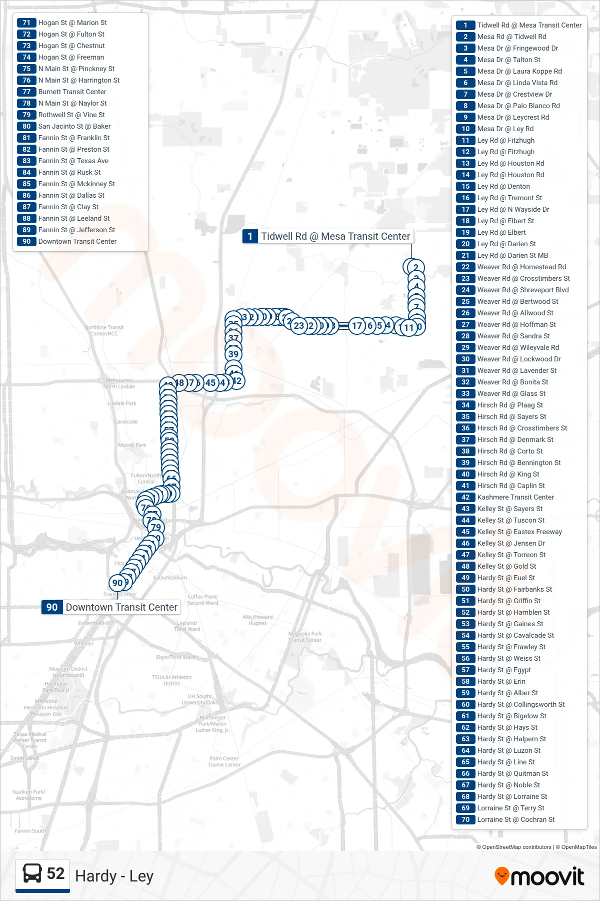 52 bus Line (Downtown Tc - Southbound) route and stops on a map