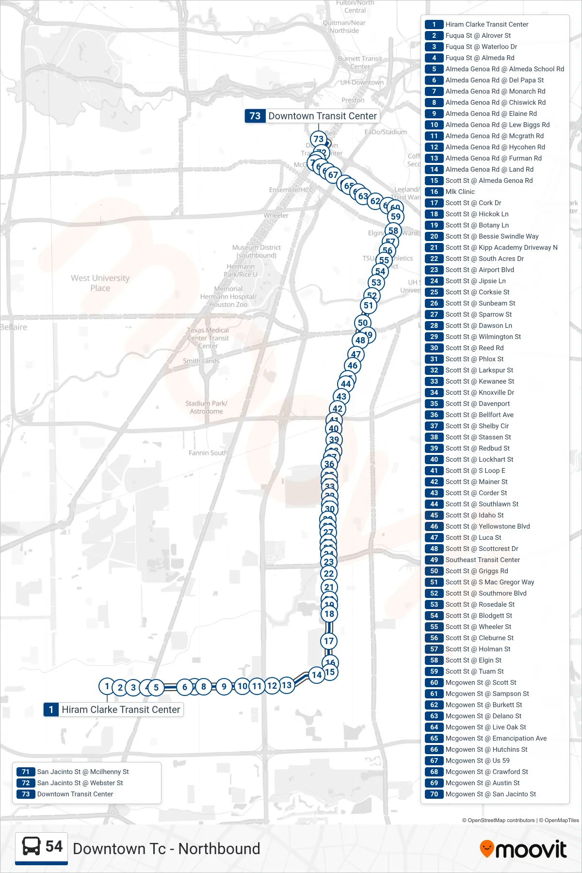 54 bus Line (Downtown Tc - Northbound) route and stops on a map