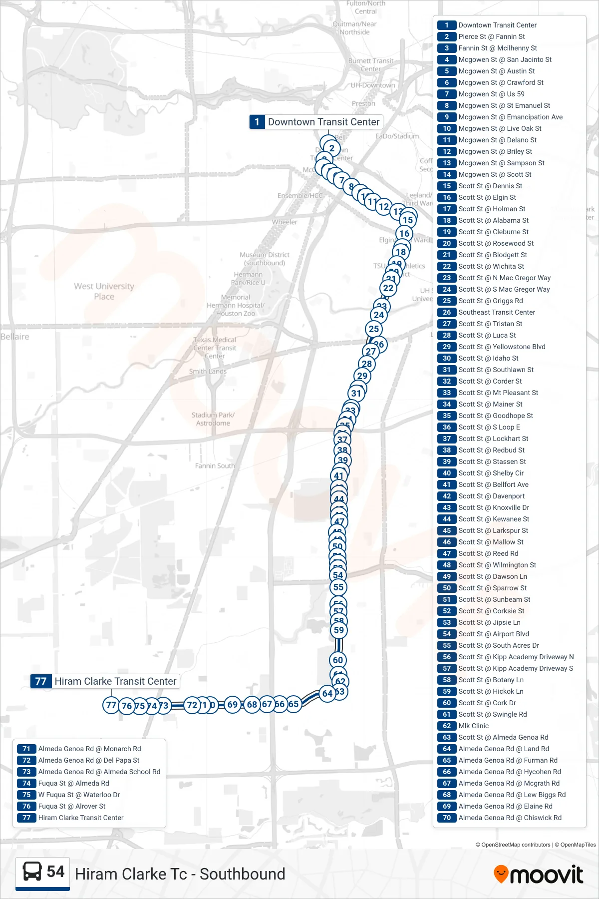 54 bus Line (Hiram Clarke Tc - Southbound) route and stops on a map