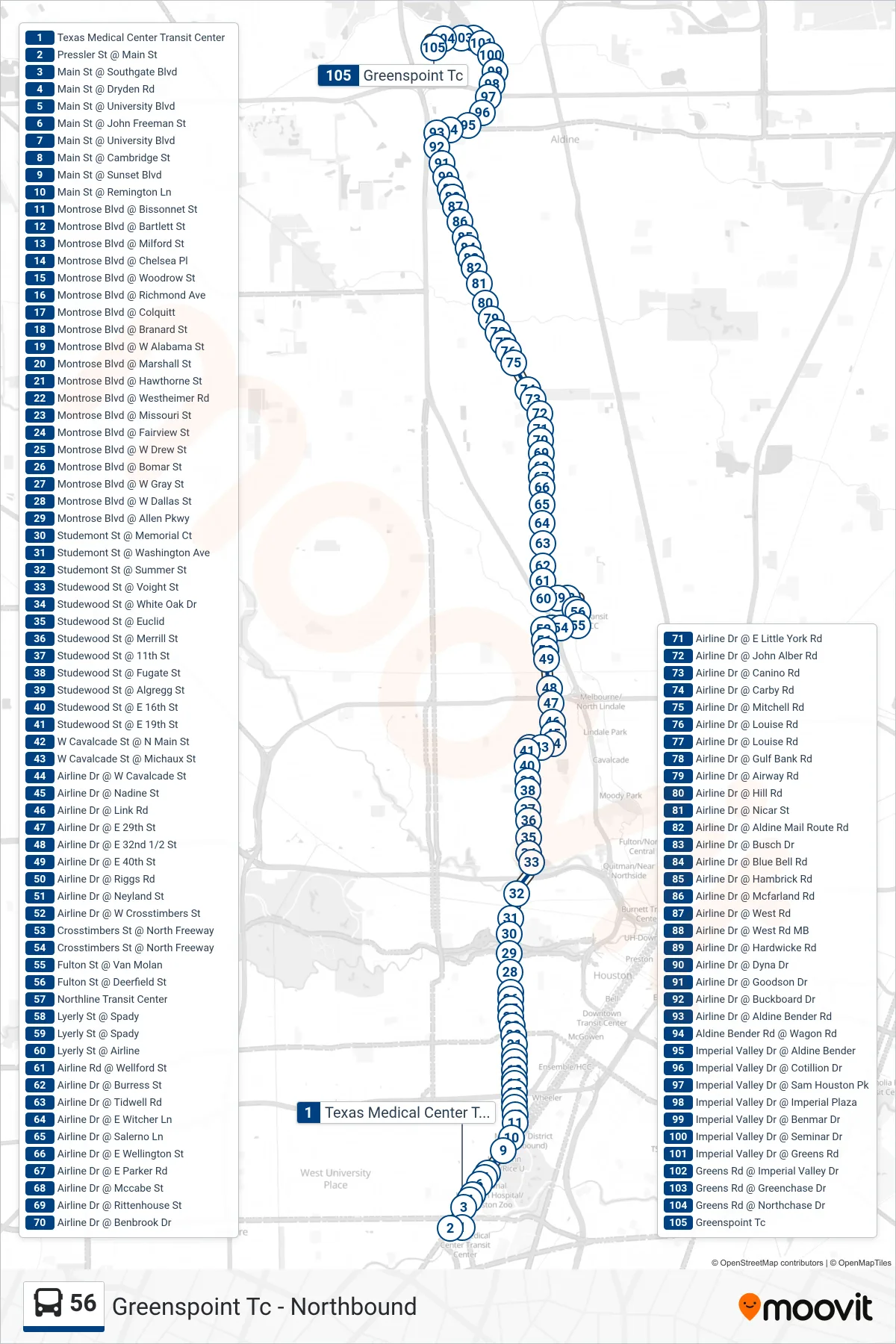 56 bus Line (Greenspoint Tc - Northbound) route and stops on a map