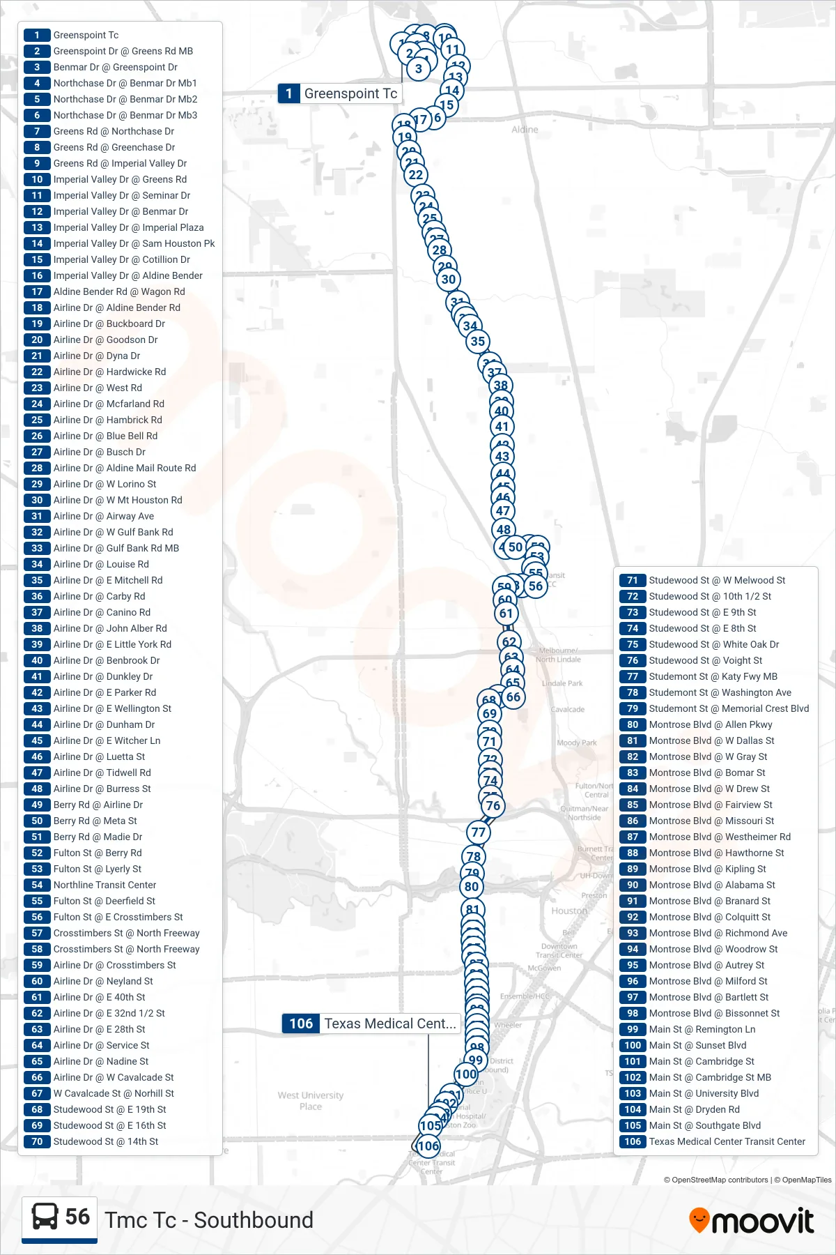 56 bus Line (Tmc Tc - Southbound) route and stops on a map