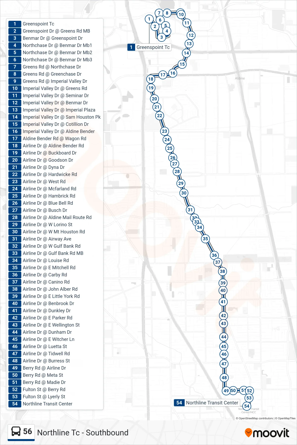 56 bus Line (Northline Tc - Southbound) route and stops on a map