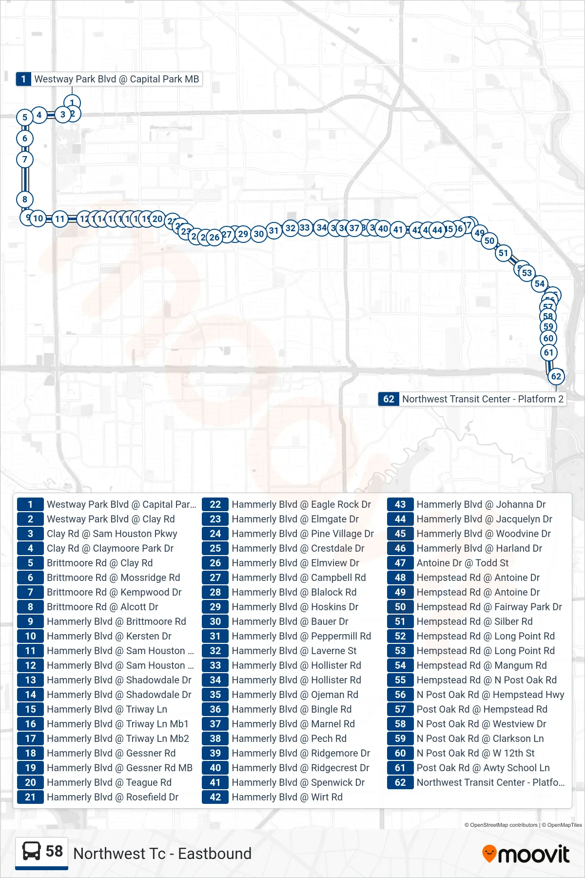 58 bus Line (Northwest Tc - Eastbound) route and stops on a map