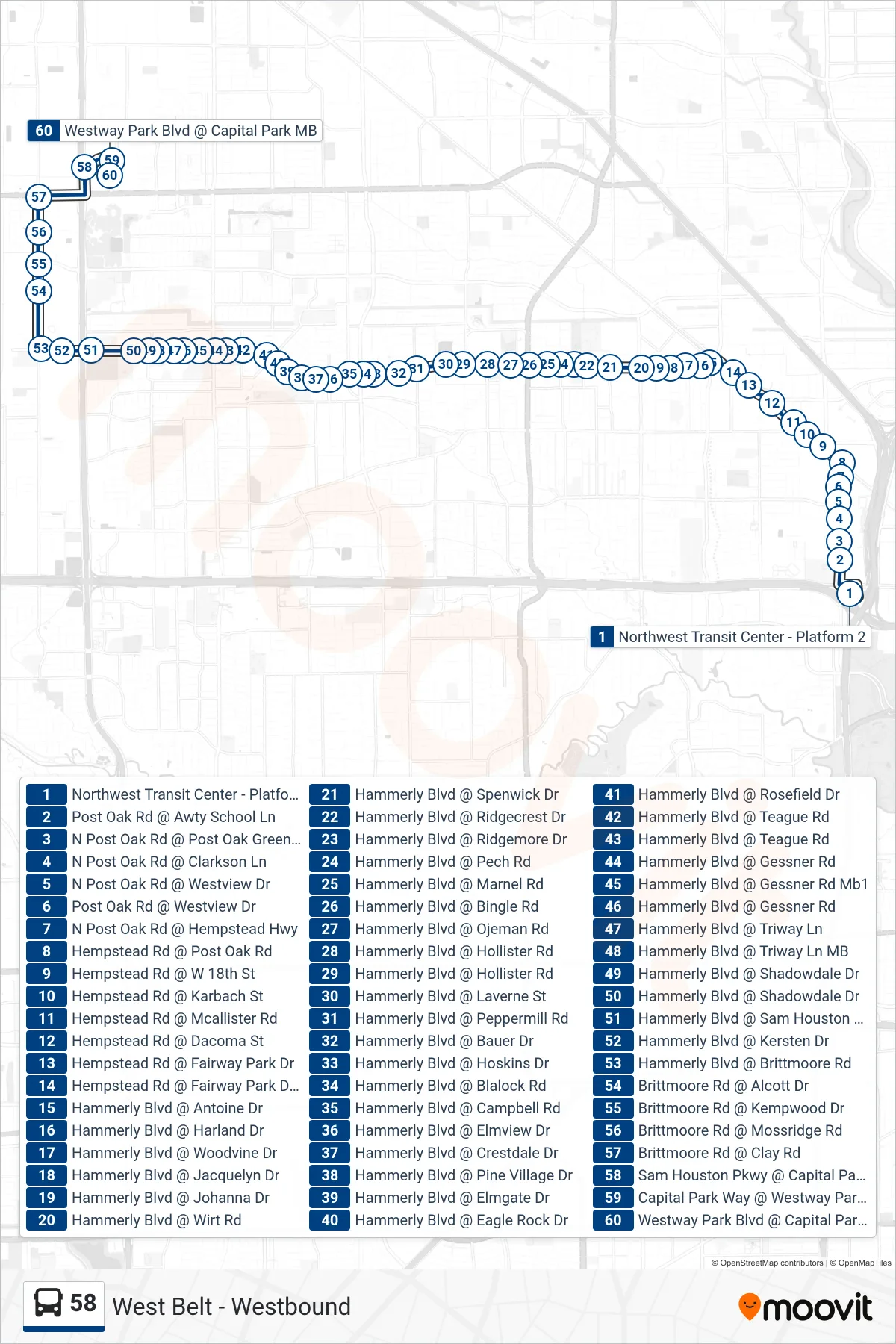 58 bus Line (West Belt - Westbound) route and stops on a map