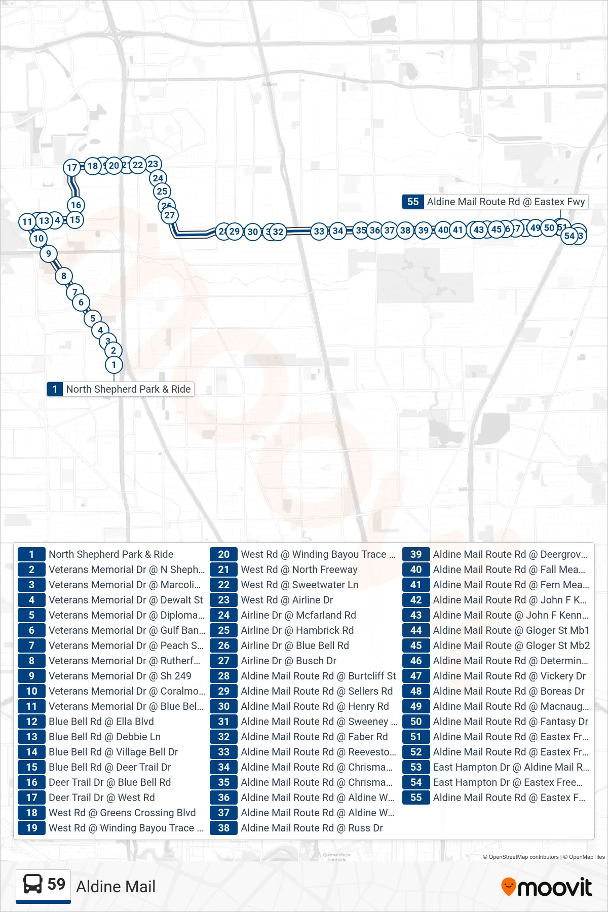 59 bus Line (Eastex Fwy - Eastbound) route and stops on a map