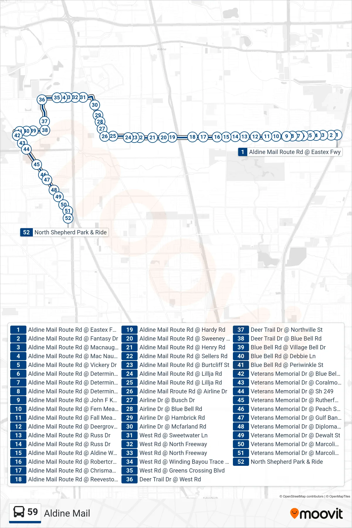 59 bus Line (N Shepherd P&R - Westbound) route and stops on a map