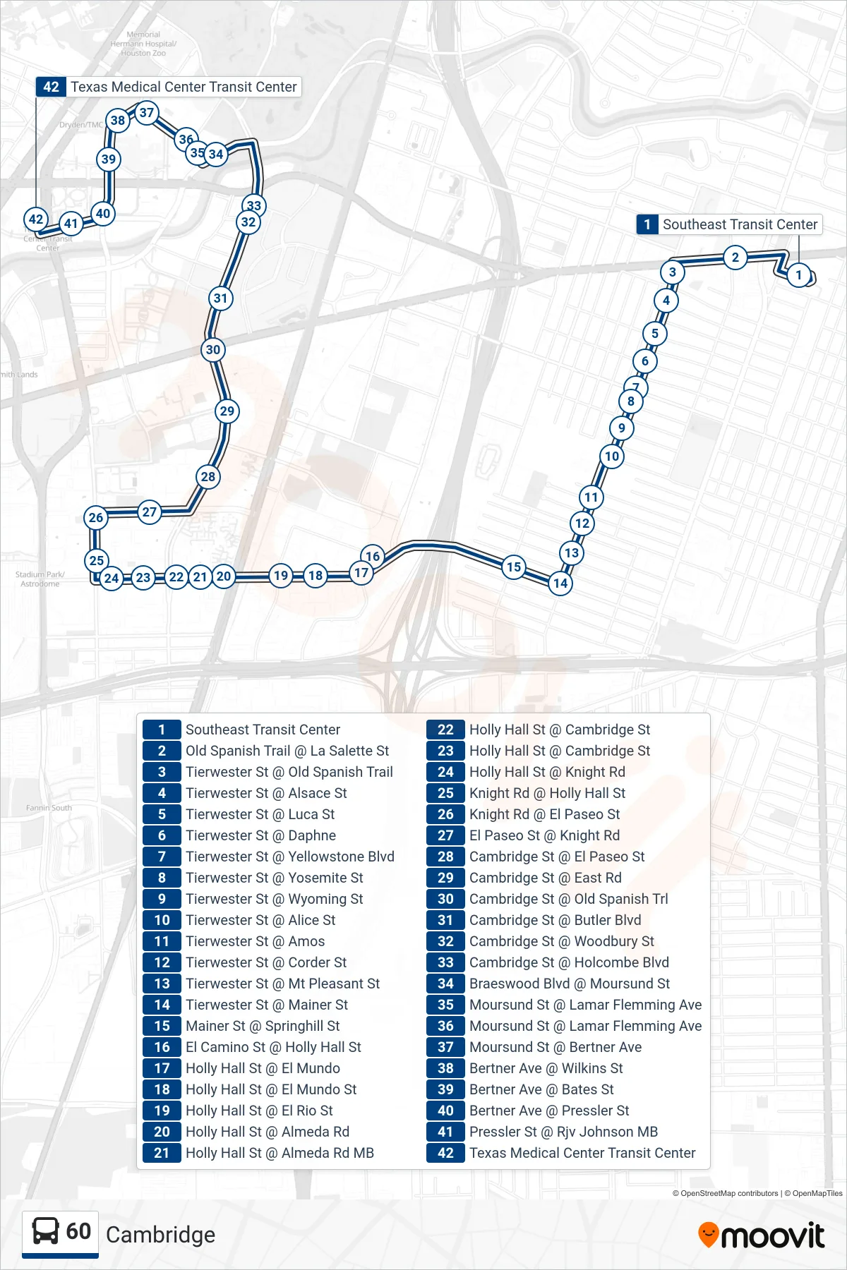 60 bus Line (Tmc Tc - Northbound) route and stops on a map