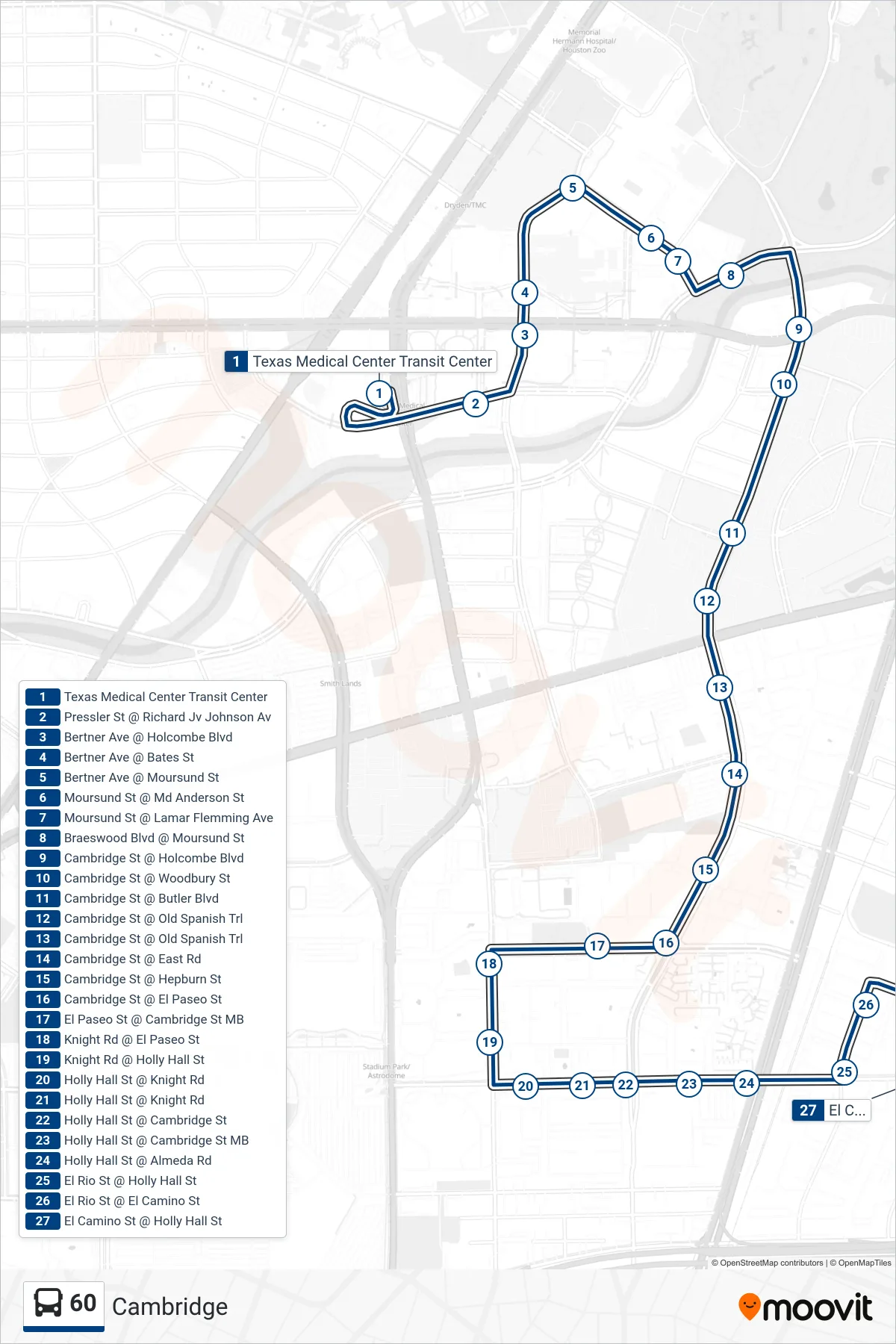 60 bus Line (El Camino St - Southbound) route and stops on a map