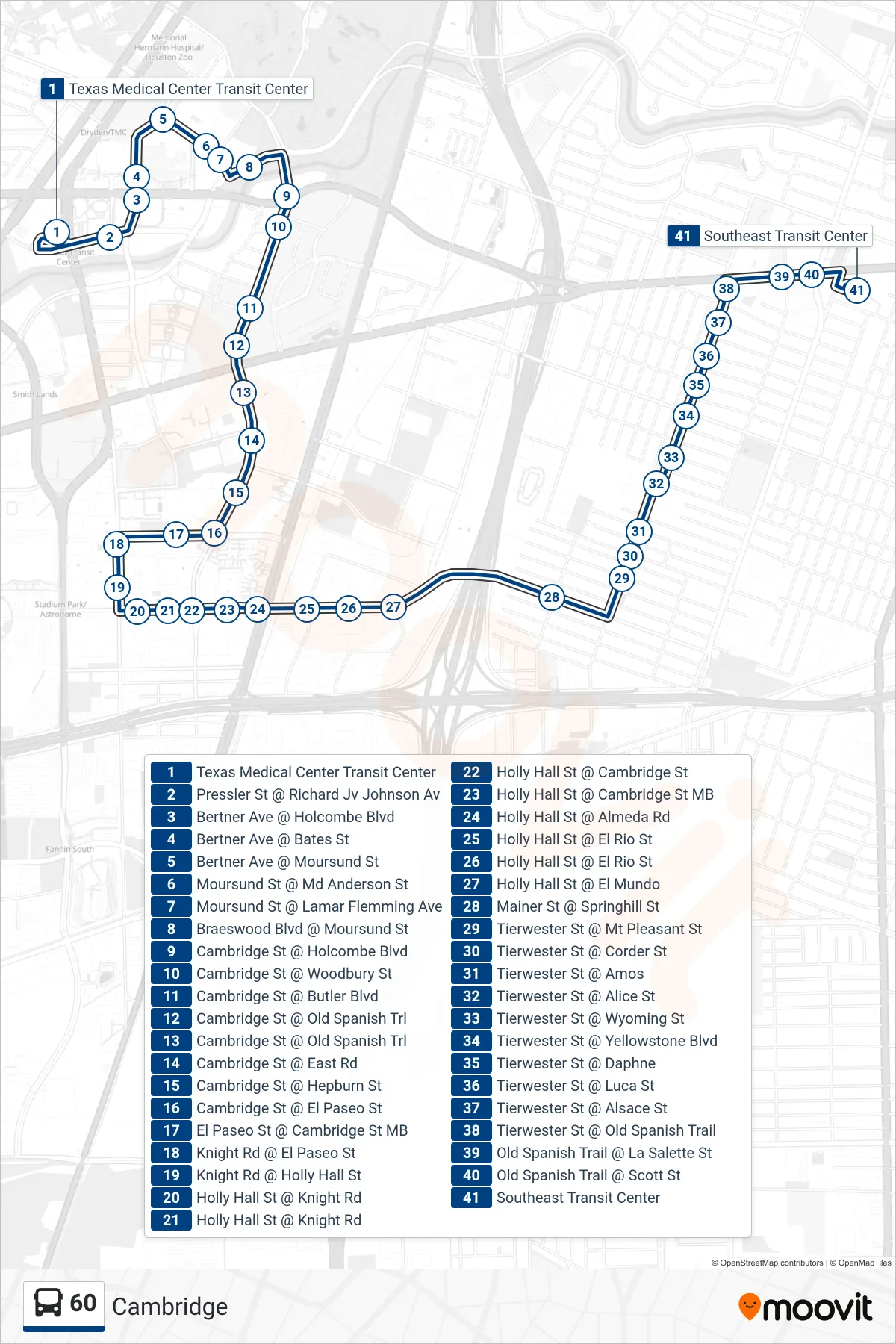 60 bus Line (Southeast Tc - Southbound) route and stops on a map