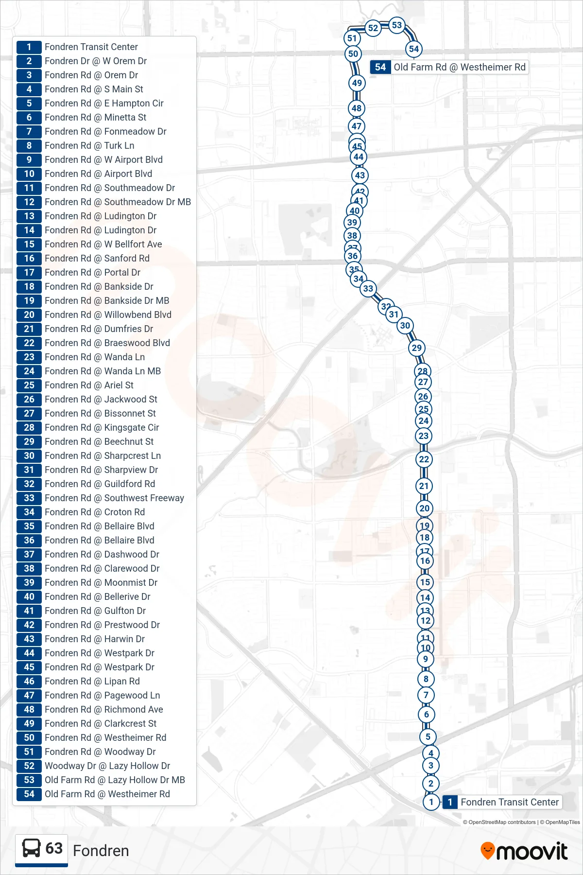 63 bus Line (Westheimer Rd - Northbound) route and stops on a map