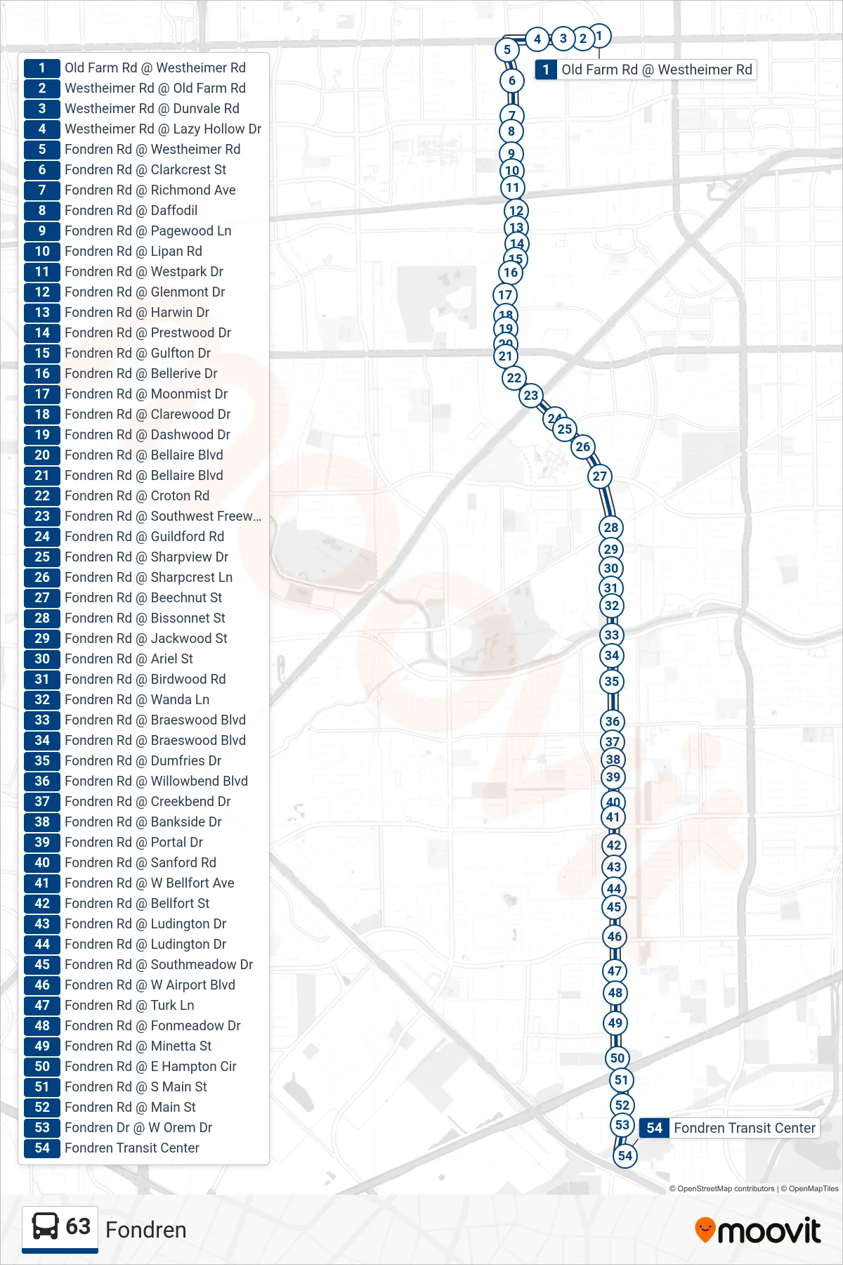 63 bus Line (Fondren Tc - Southbound) route and stops on a map