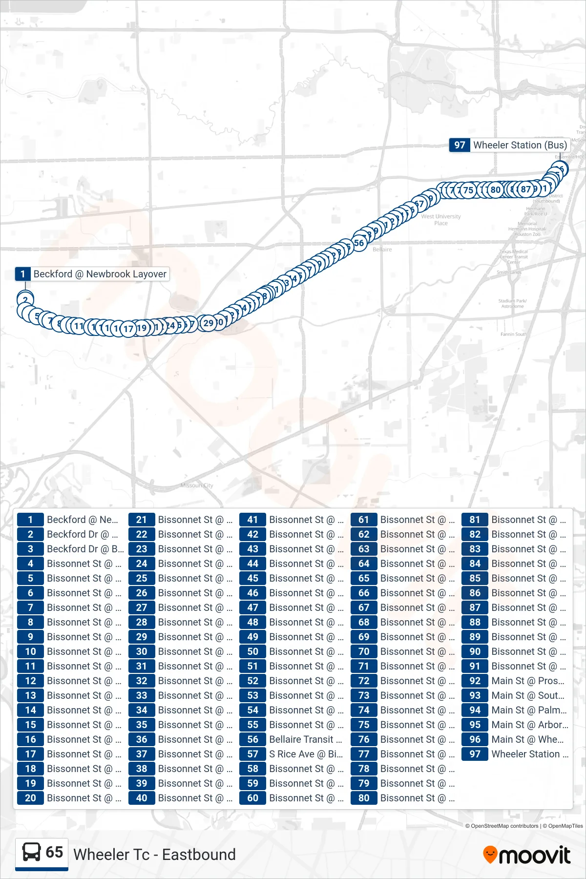 65 bus Line (Wheeler Tc - Eastbound) route and stops on a map