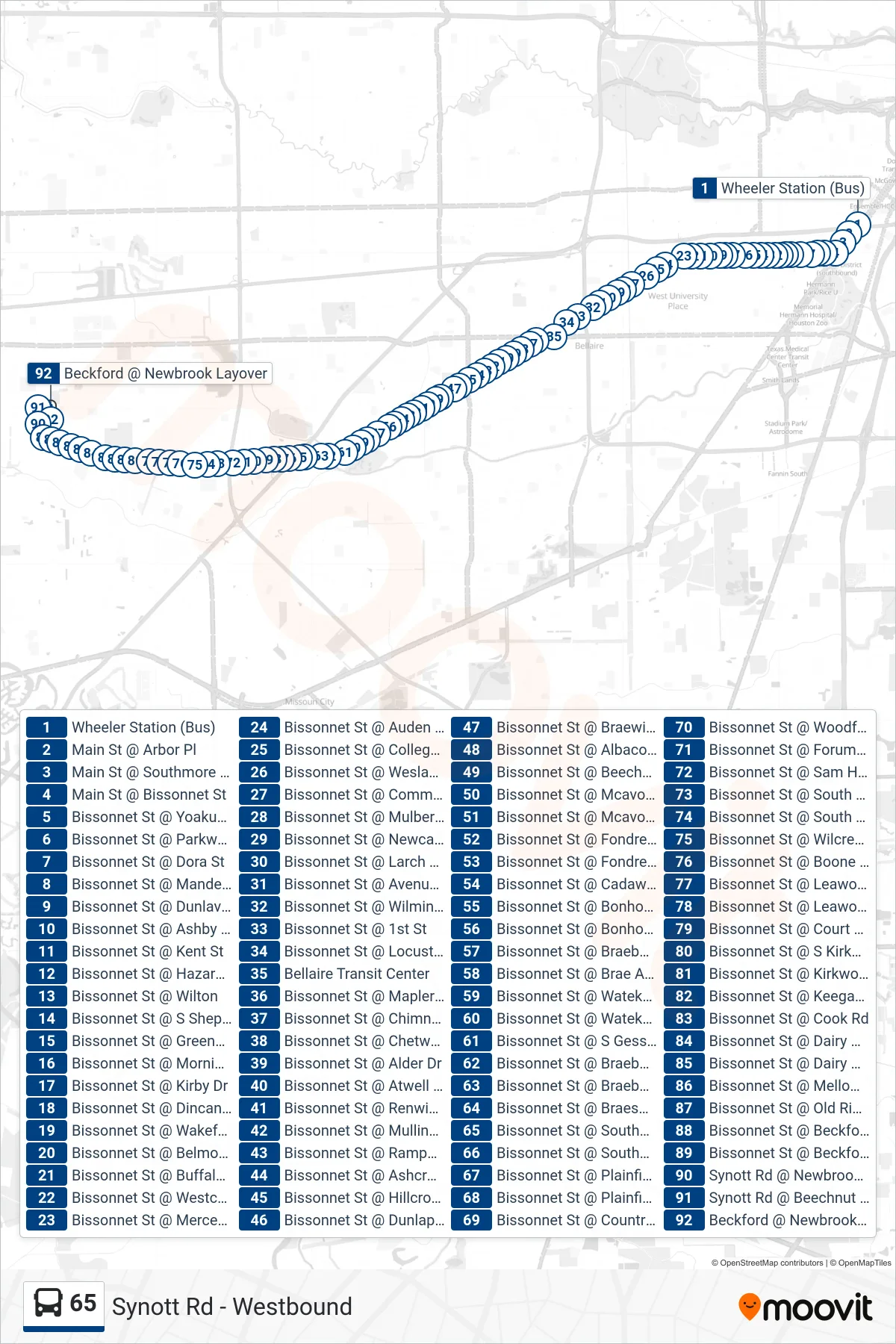 65 bus Line (Synott Rd - Westbound) route and stops on a map