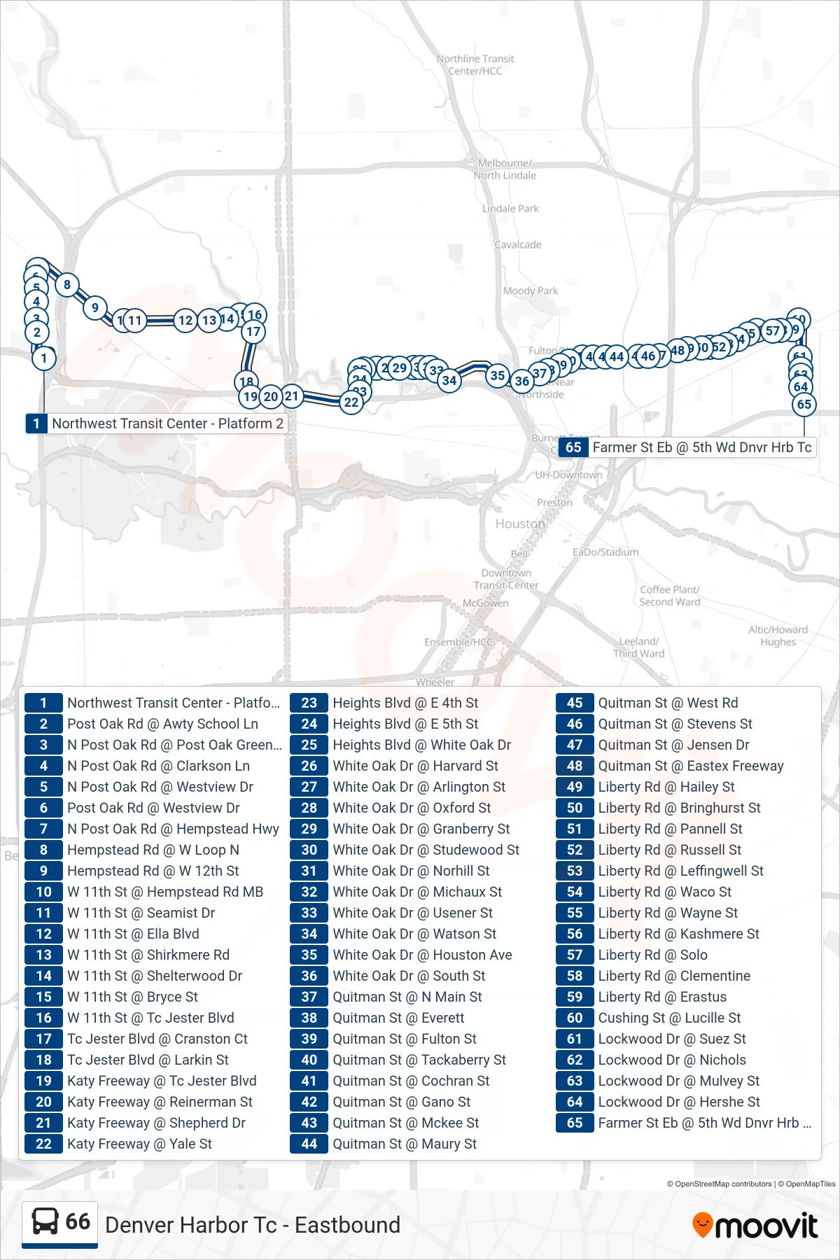 66 bus Line (Denver Harbor Tc - Eastbound) route and stops on a map