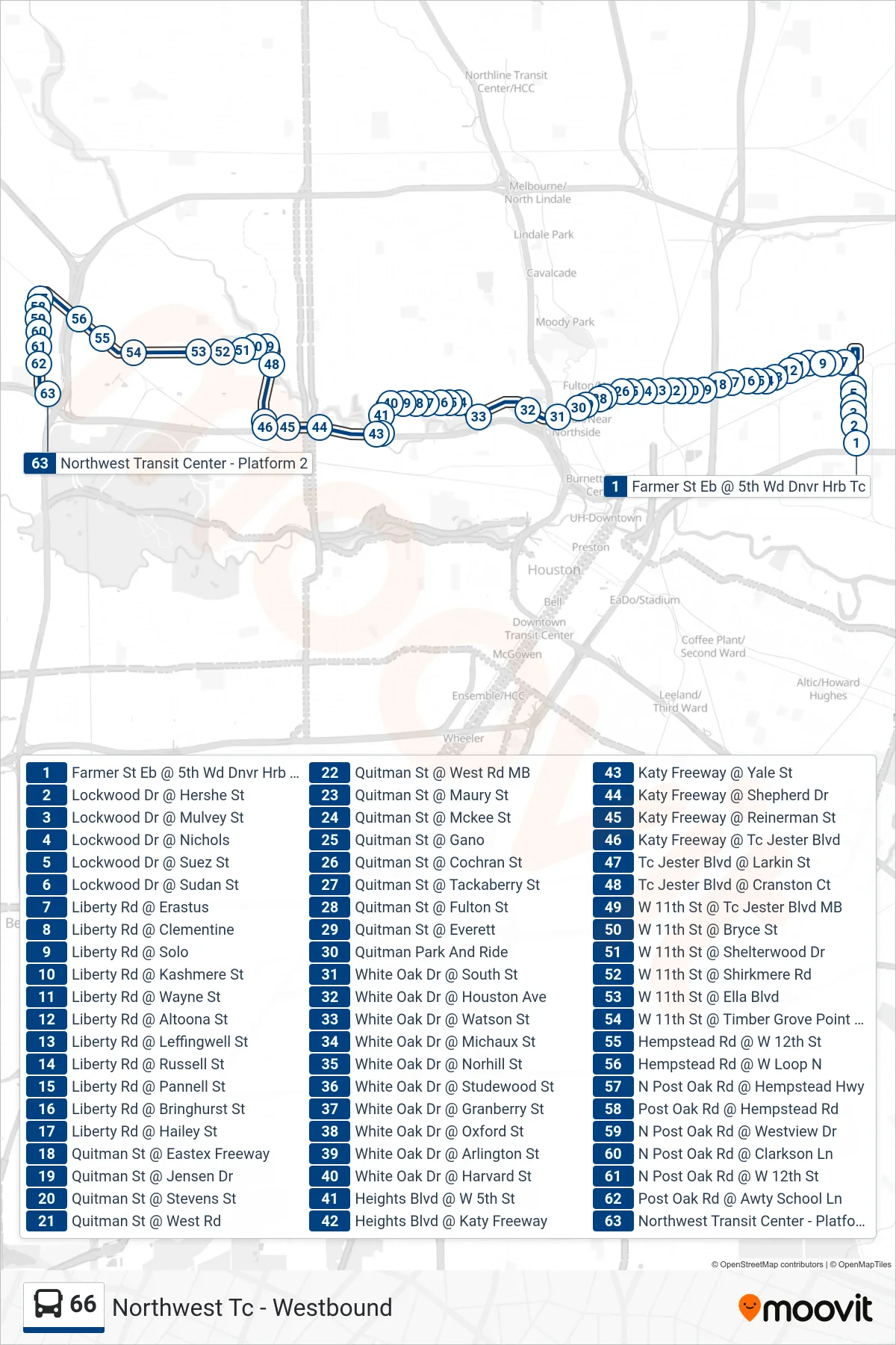 66 bus Line (Northwest Tc - Westbound) route and stops on a map