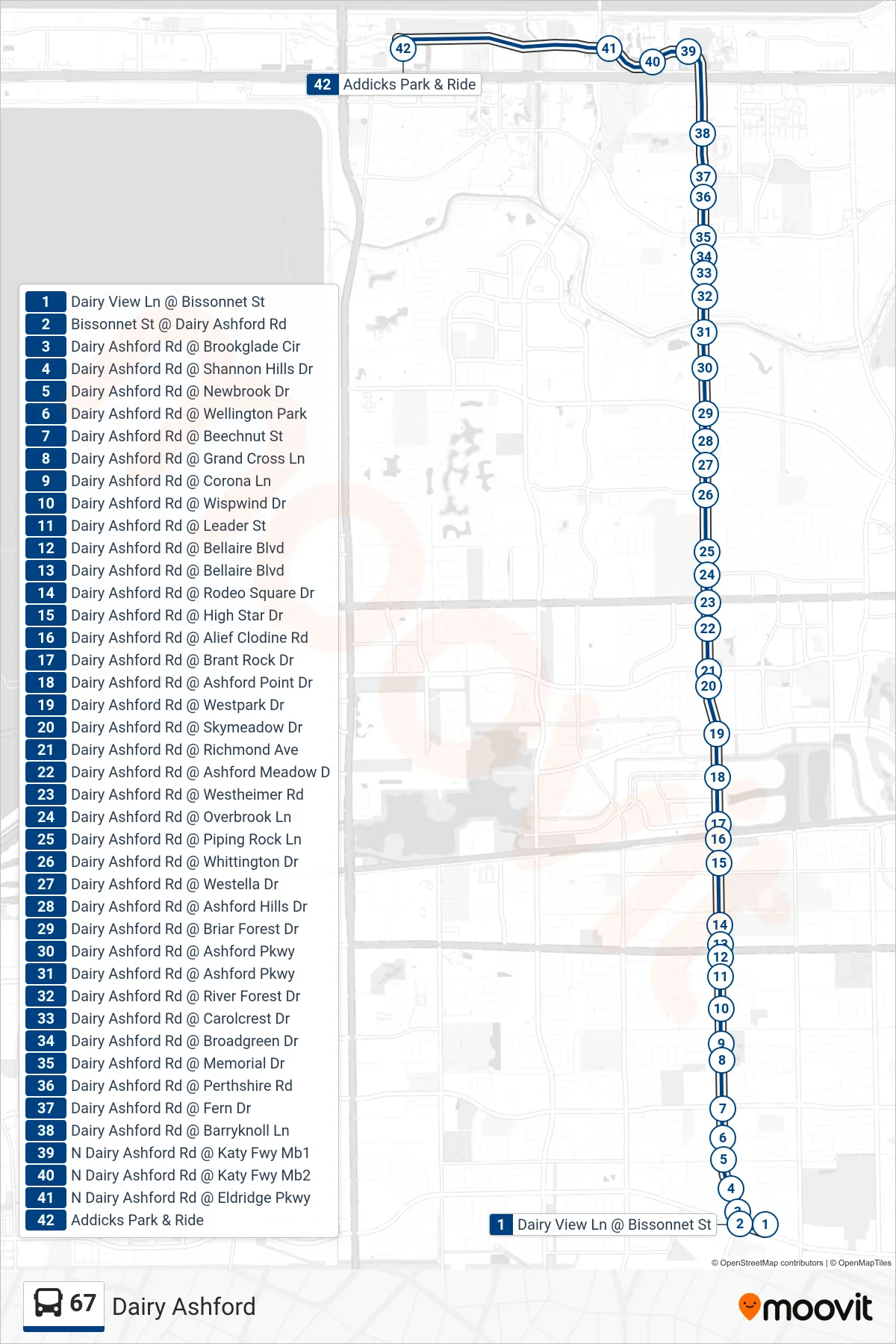 67 bus Line (Addicks P&R - Northbound) route and stops on a map