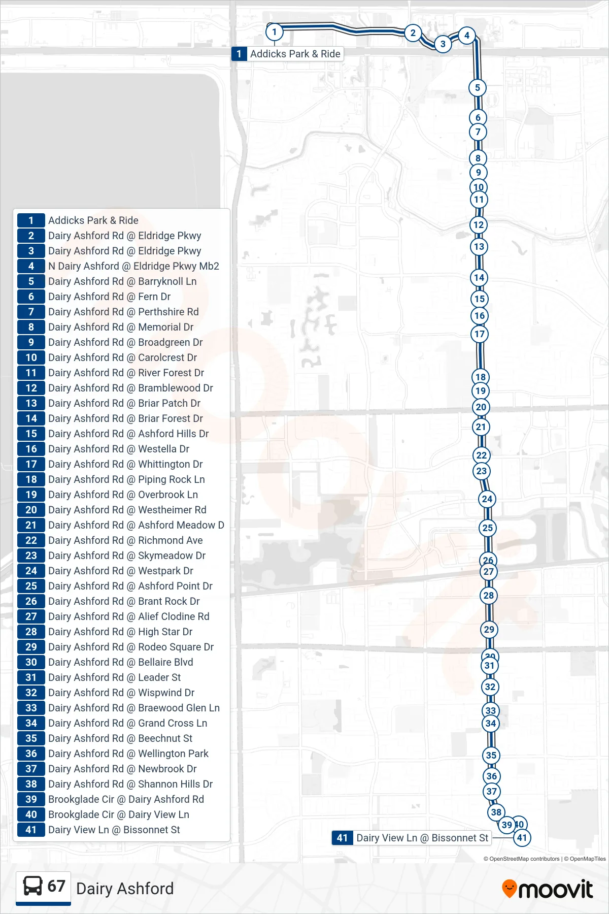 67 bus Line (Bissonnet St - Southbound) route and stops on a map