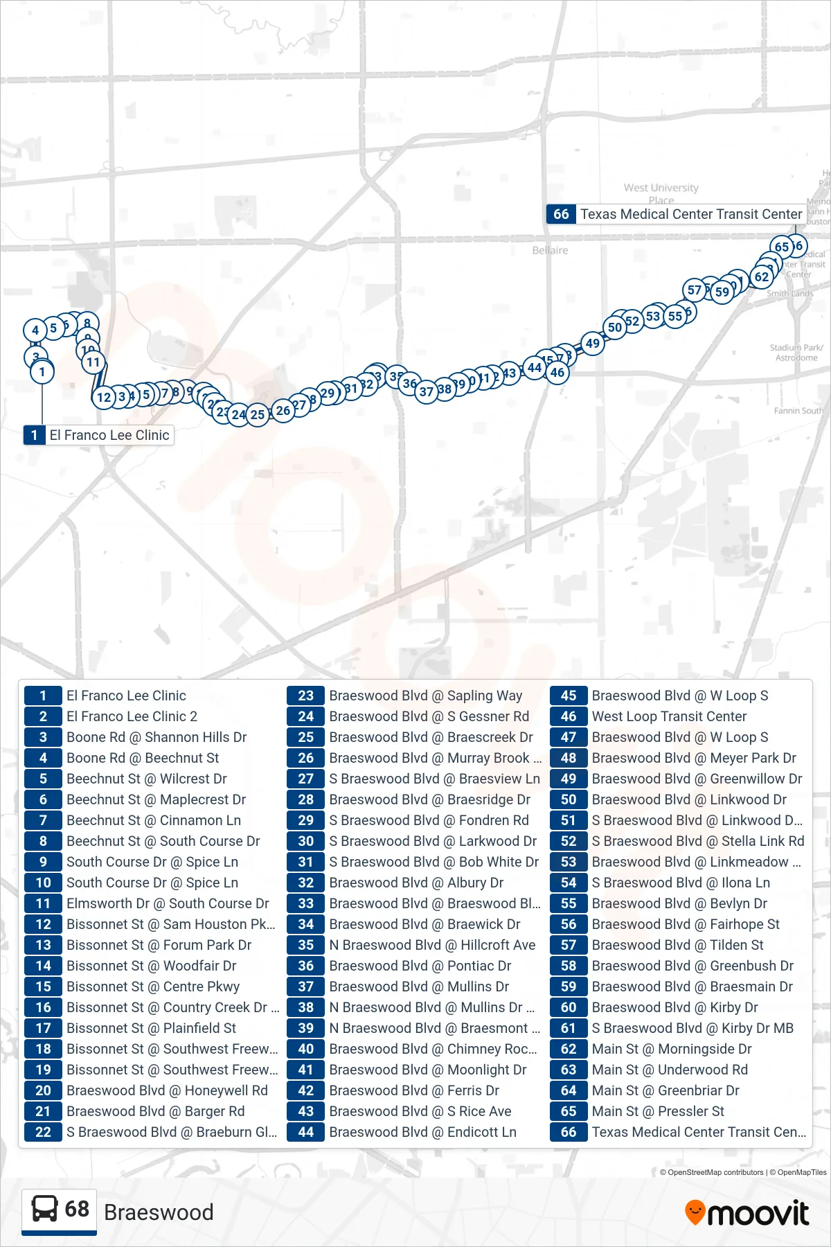 68 bus Line (Tmc Tc - Eastbound) route and stops on a map