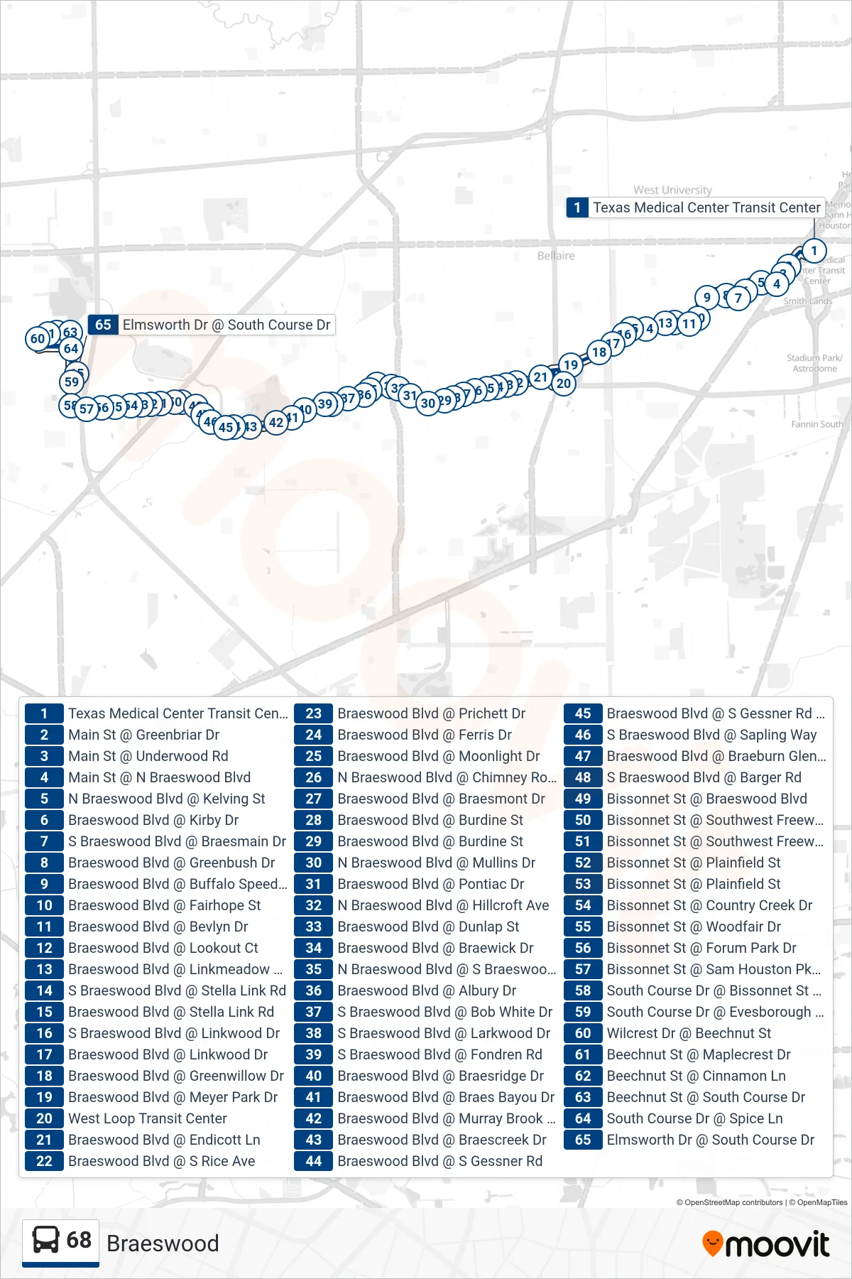 68 bus Line (West Belt - Westbound) route and stops on a map