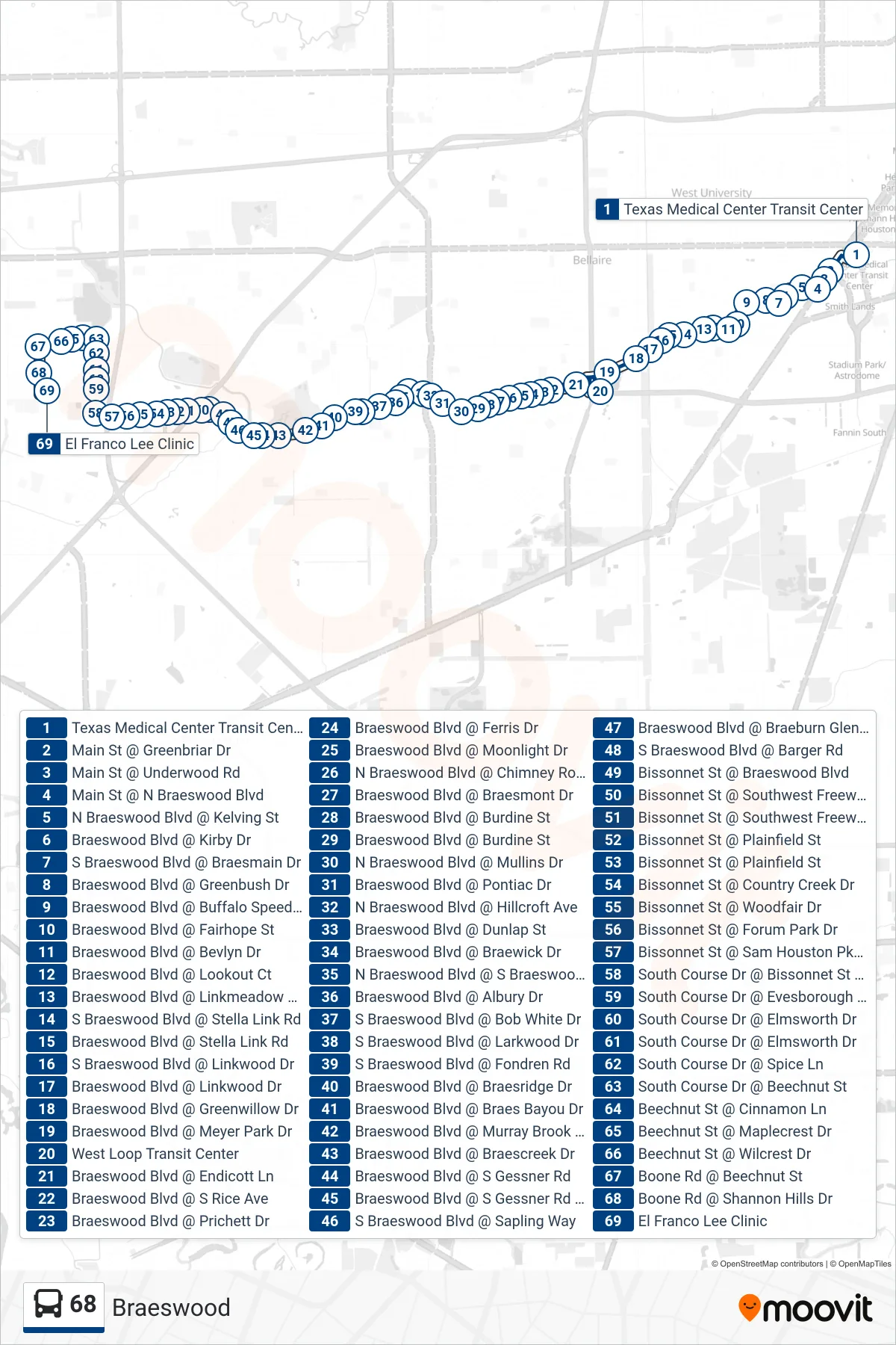 68 bus Line (Lee Clinic - Westbound) route and stops on a map