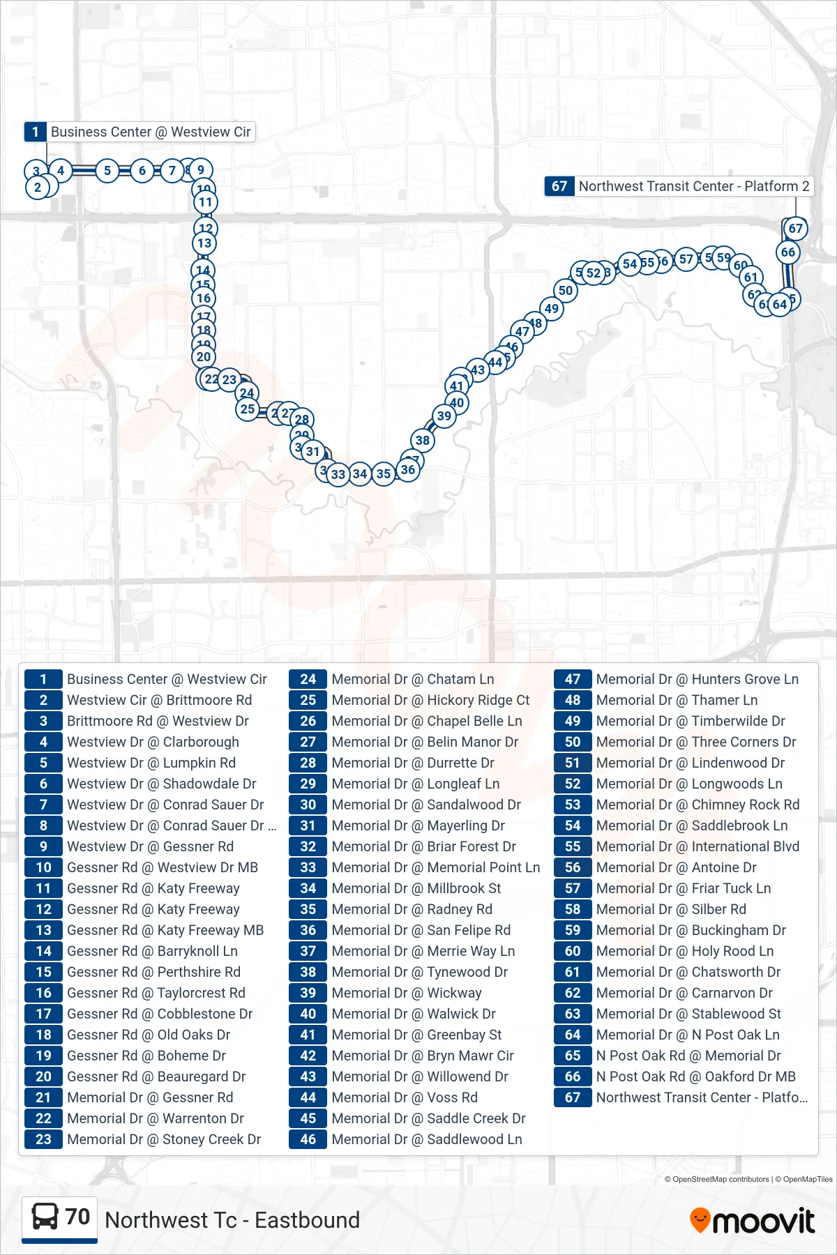 70 bus Line (Northwest Tc - Eastbound) route and stops on a map