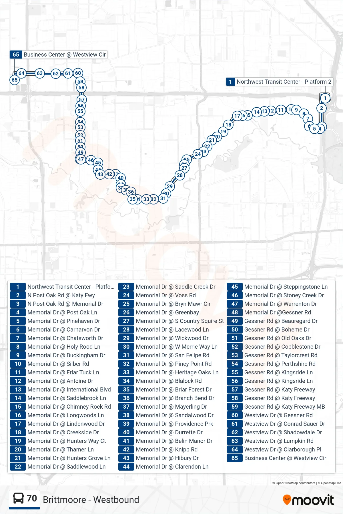 70 bus Line (Brittmoore - Westbound) route and stops on a map