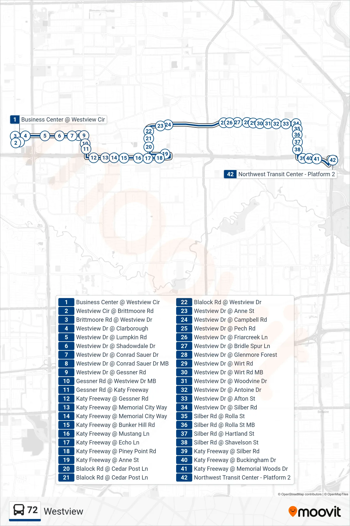 72 bus Line (Northwest Tc - Eastbound) route and stops on a map