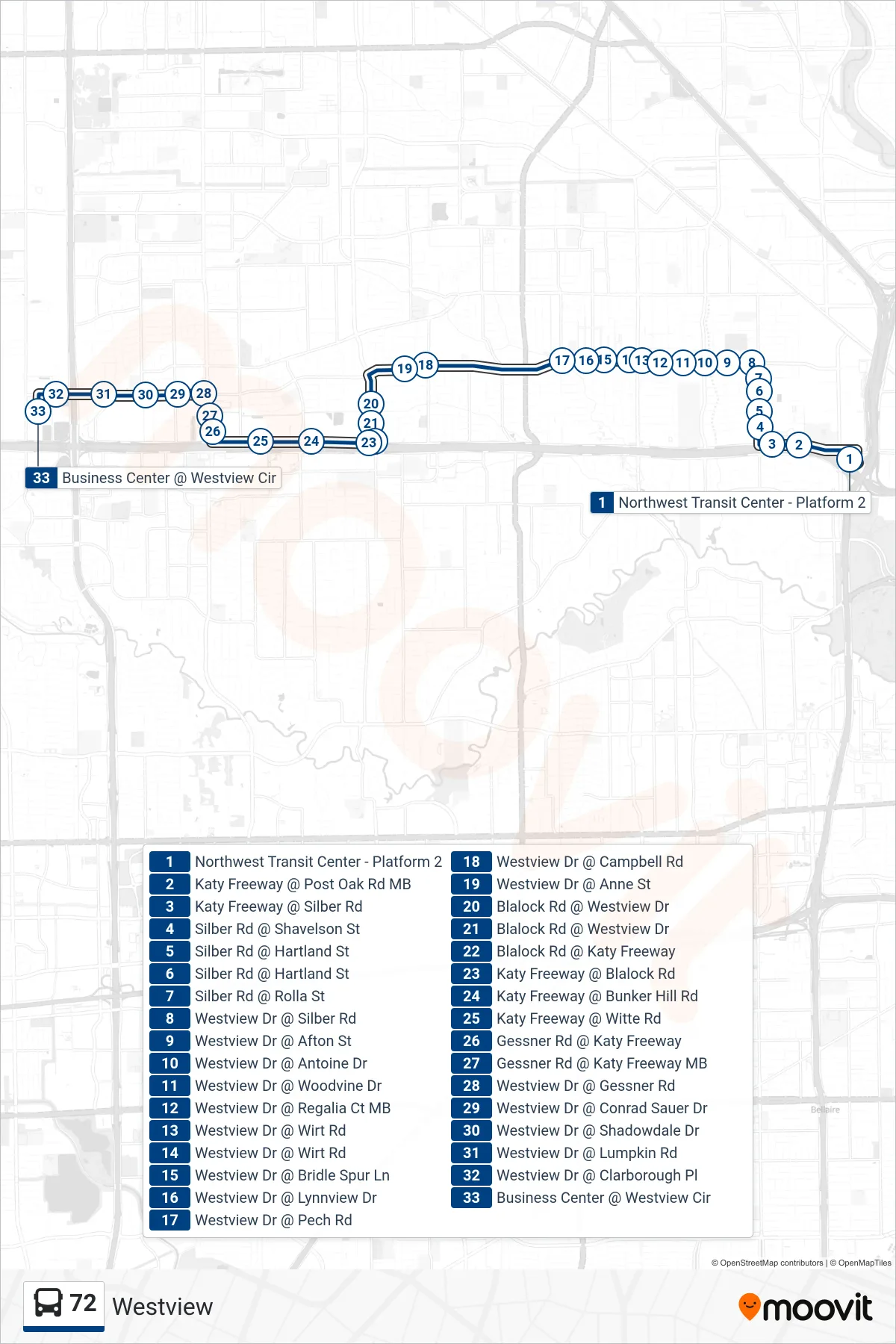 72 bus Line (Brittmoore - Westbound) route and stops on a map