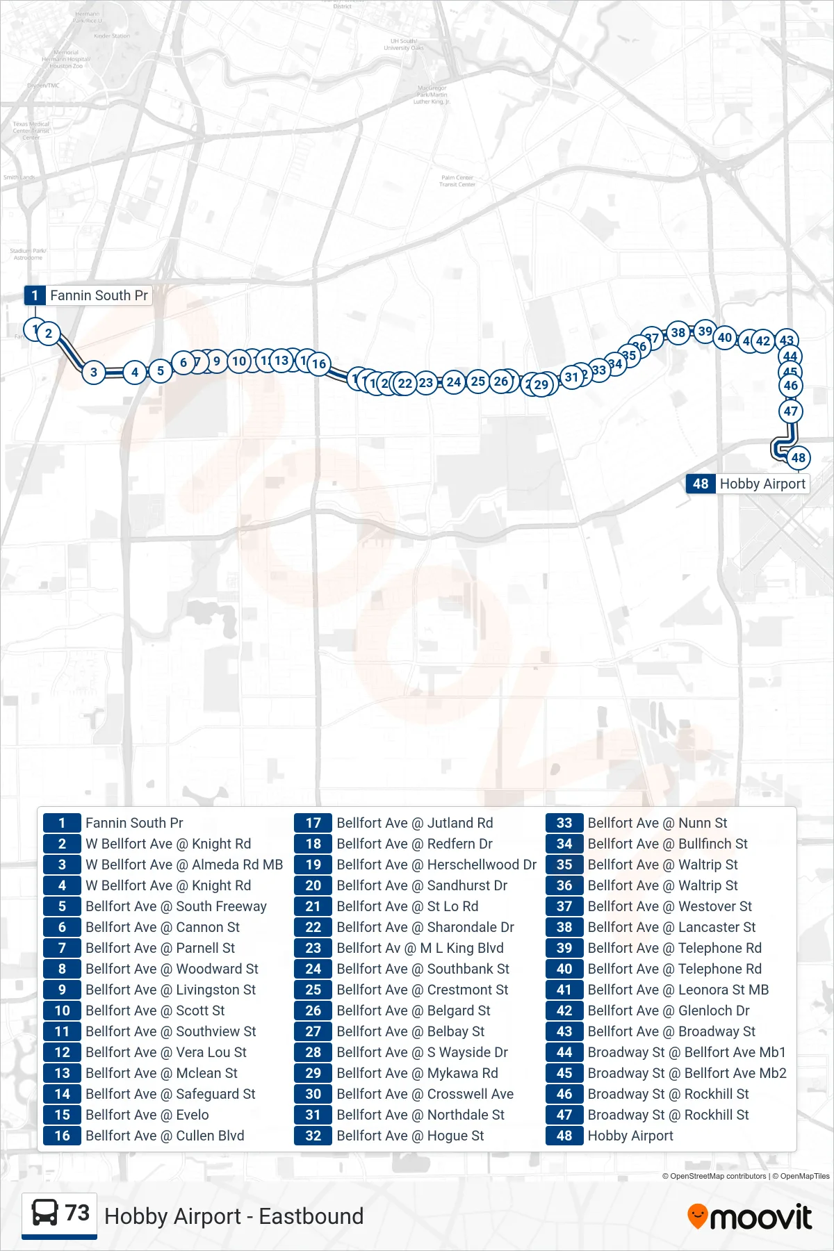 73 bus Line (Hobby Airport - Eastbound) route and stops on a map