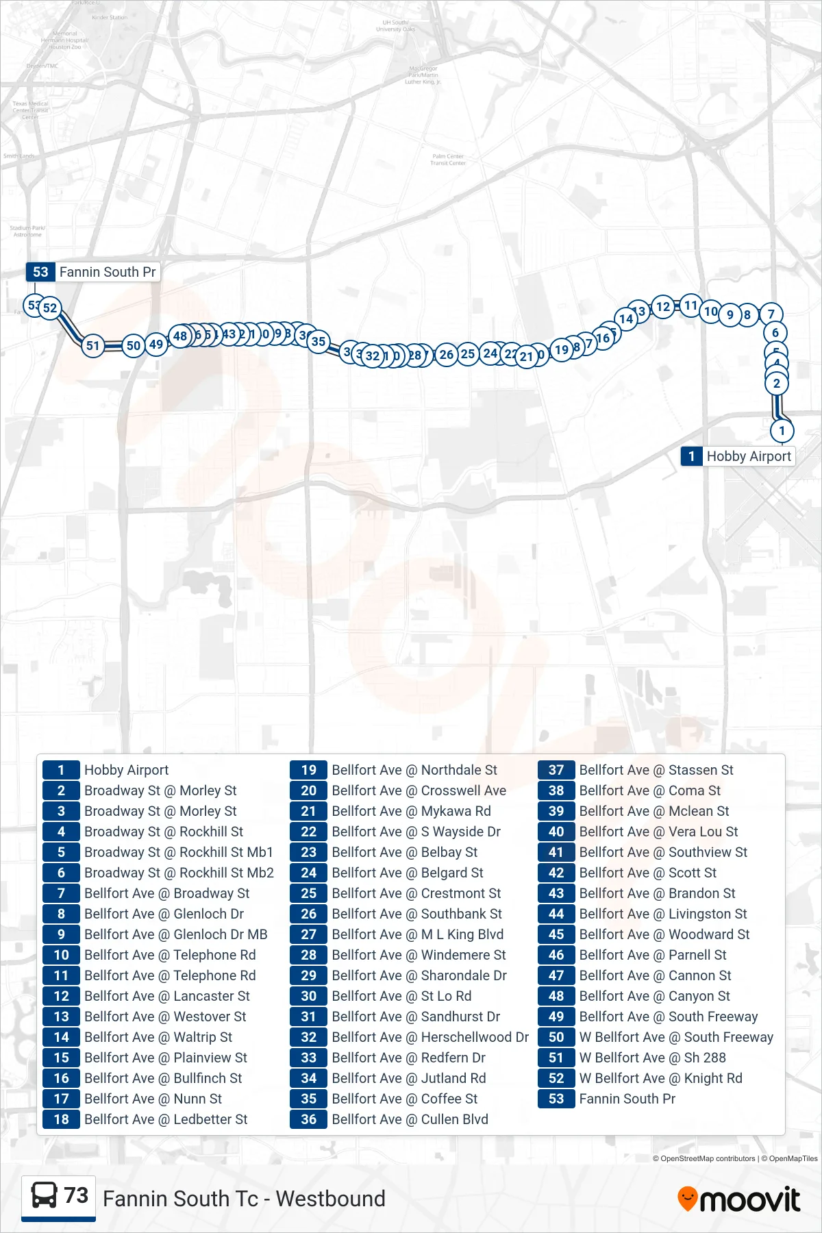 73 bus Line (Fannin South Tc - Westbound) route and stops on a map