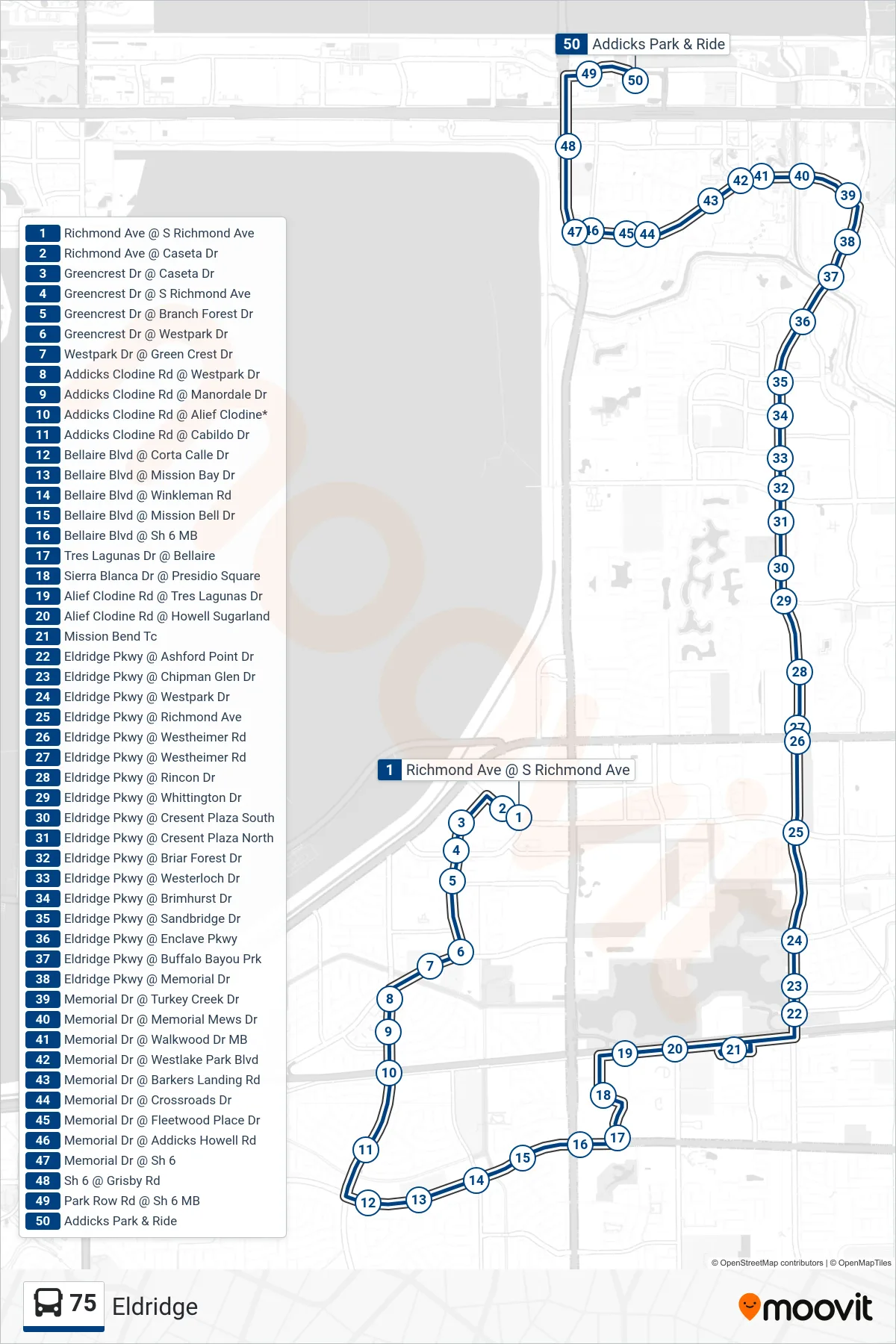 75 bus Line (Addicks P&R - Northbound) route and stops on a map