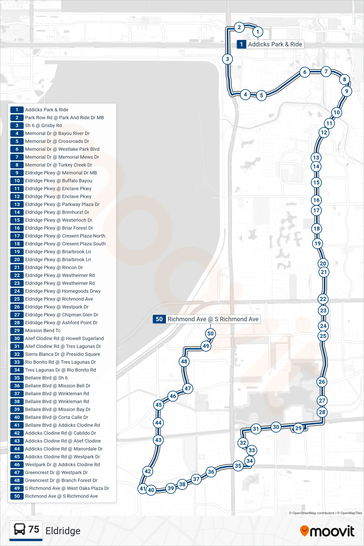 75 bus Line (West Oaks Mall - Southbound) route and stops on a map