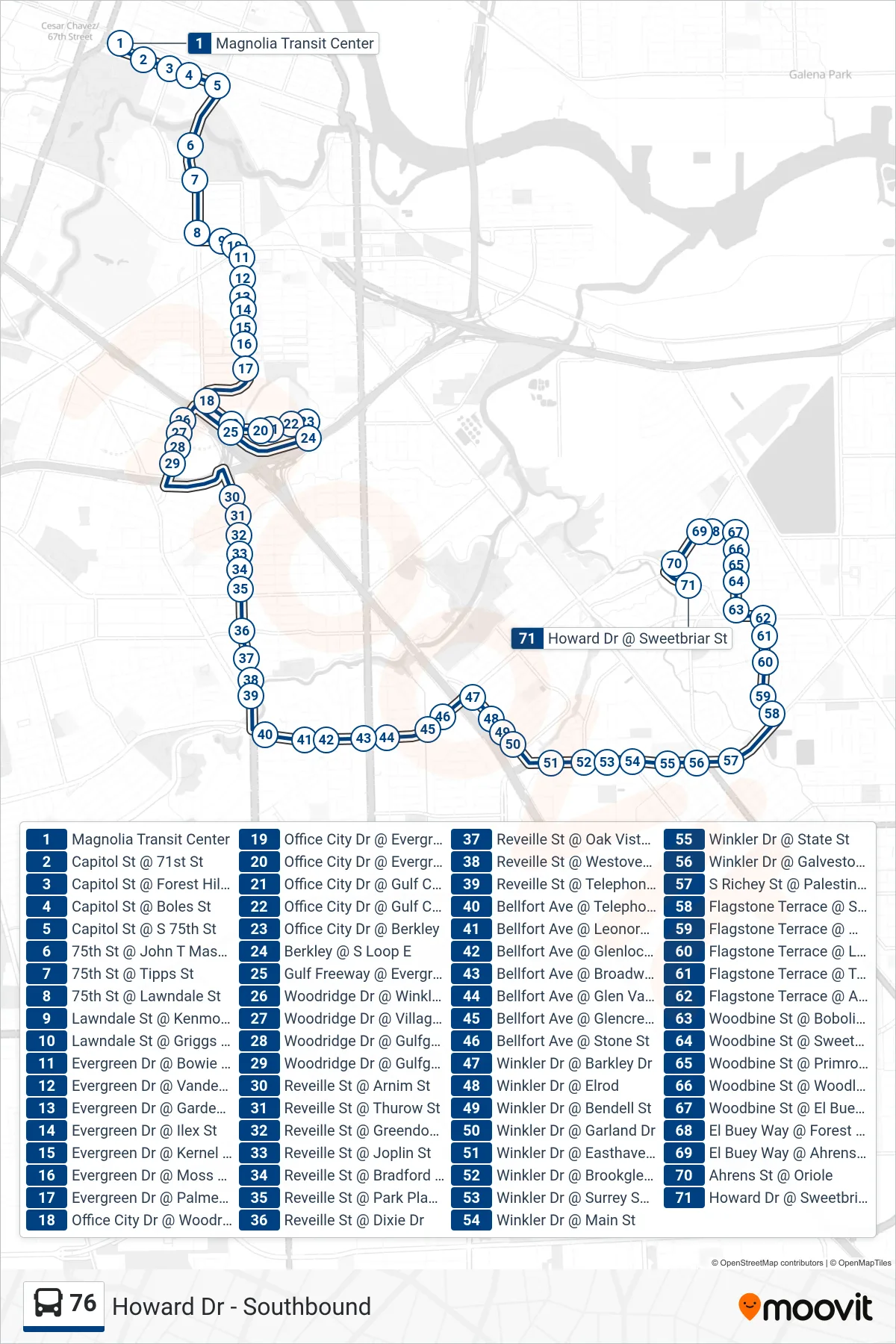 76 bus Line (Howard Dr - Southbound) route and stops on a map