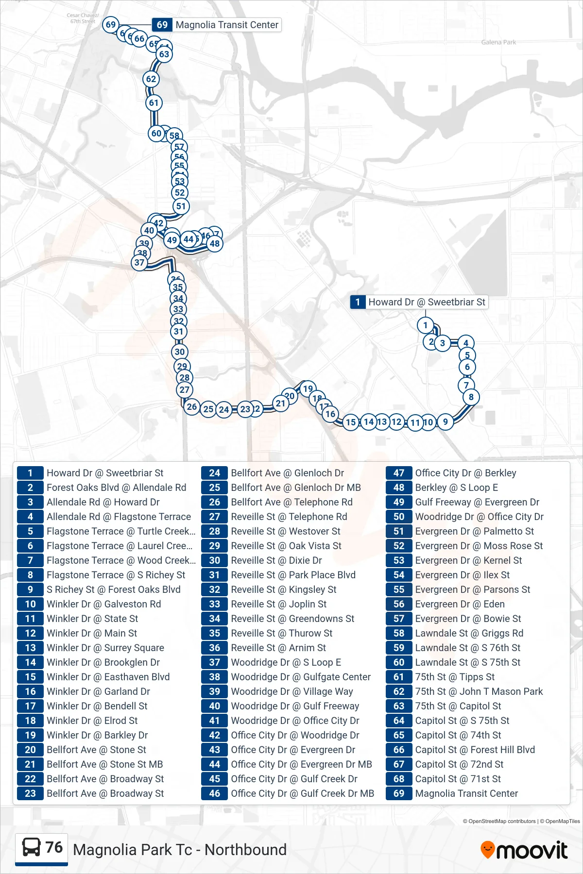 76 bus Line (Magnolia Park Tc - Northbound) route and stops on a map