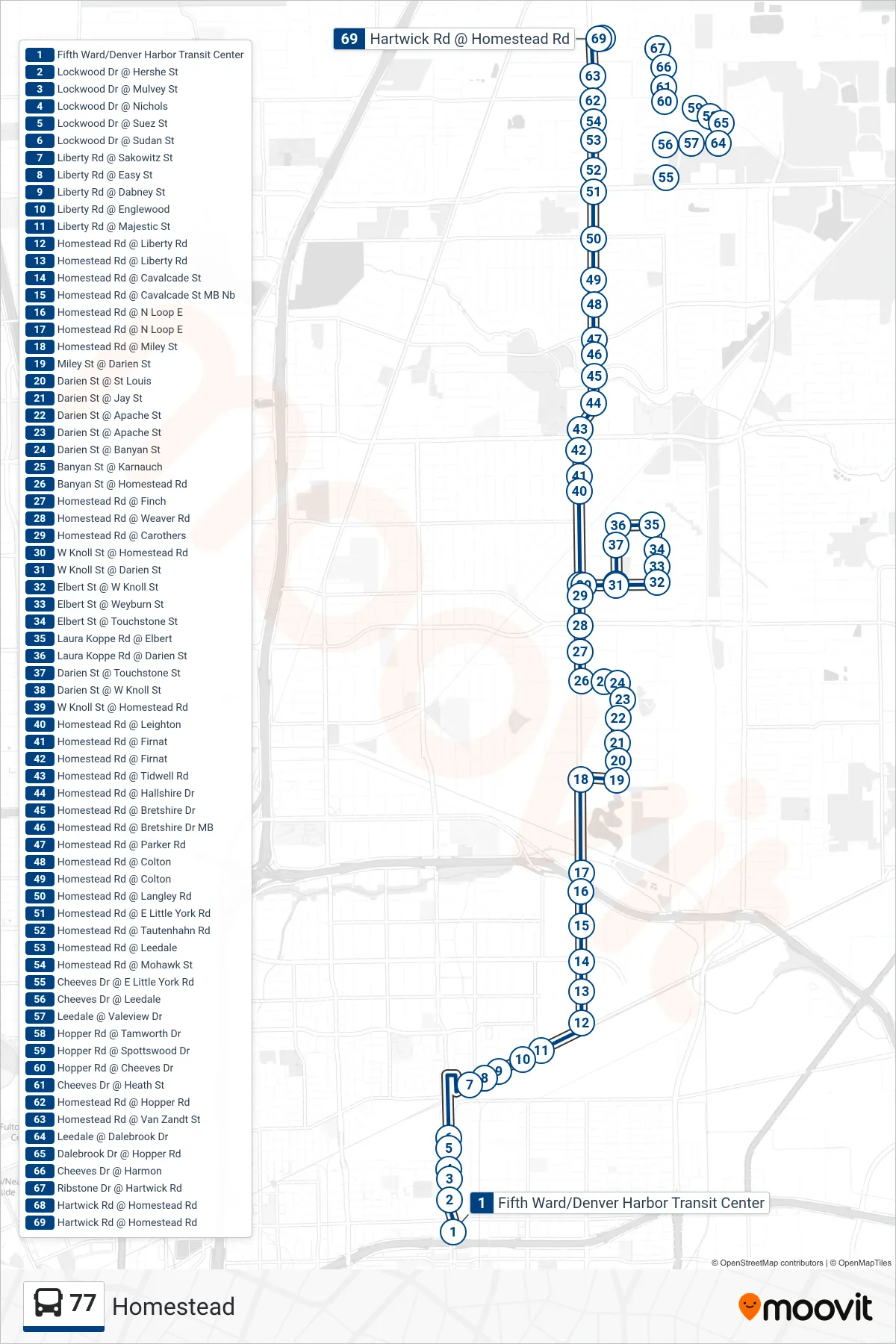 77 bus Line (Hartwick Rd - Northbound) route and stops on a map