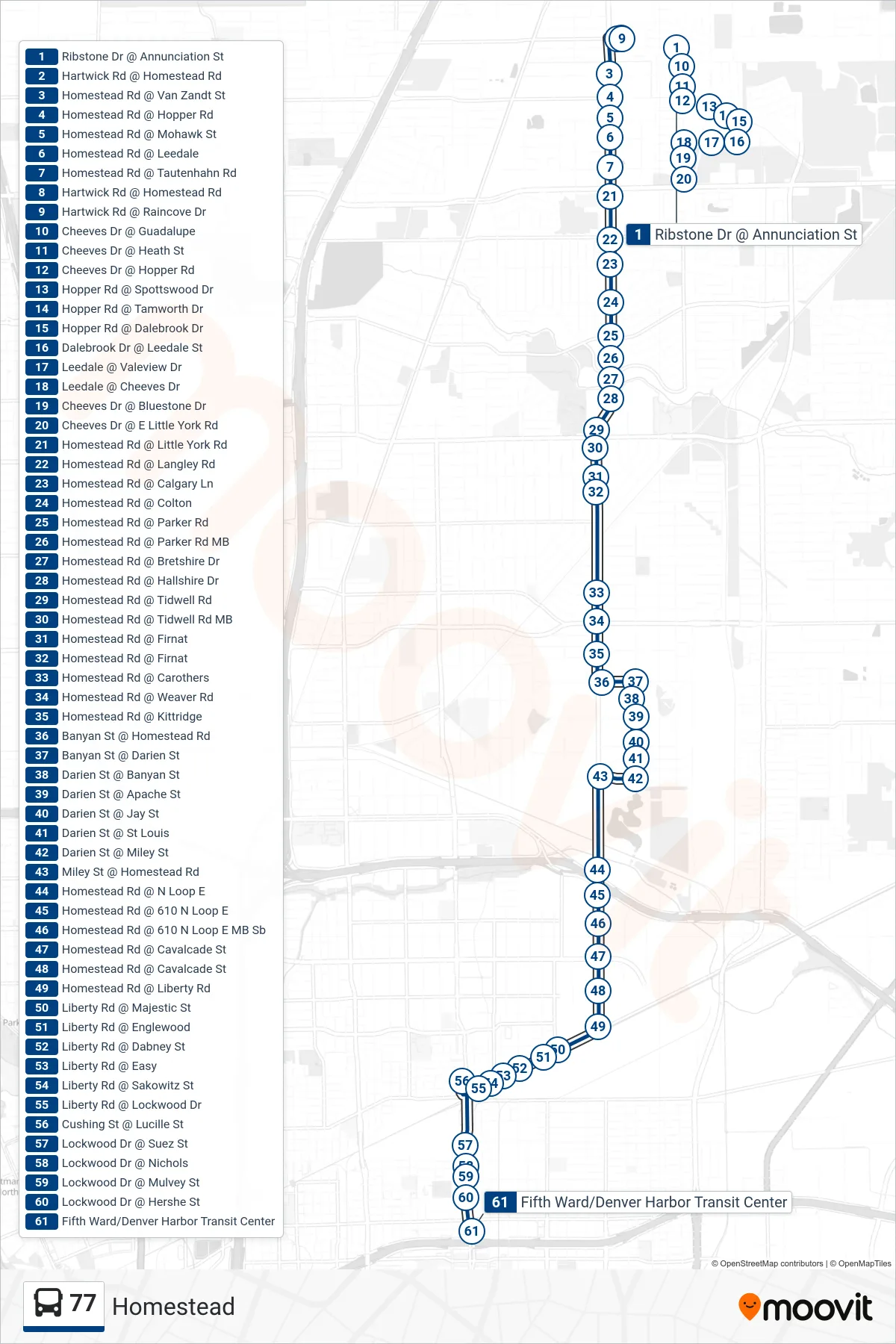 77 bus Line (Denver Harbor Tc - Southbound) route and stops on a map