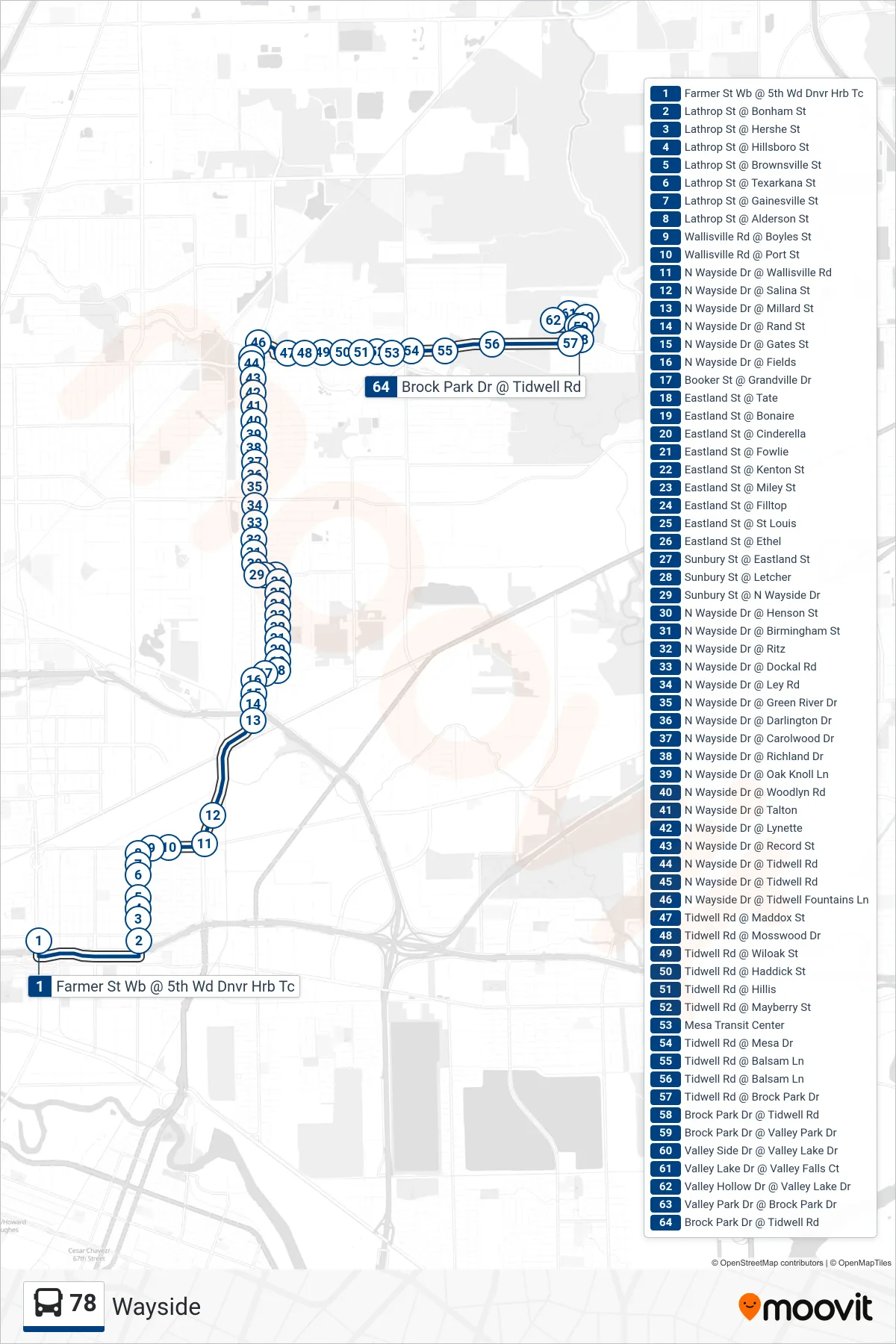 78 bus Line (Brock Park Dr - Northbound) route and stops on a map