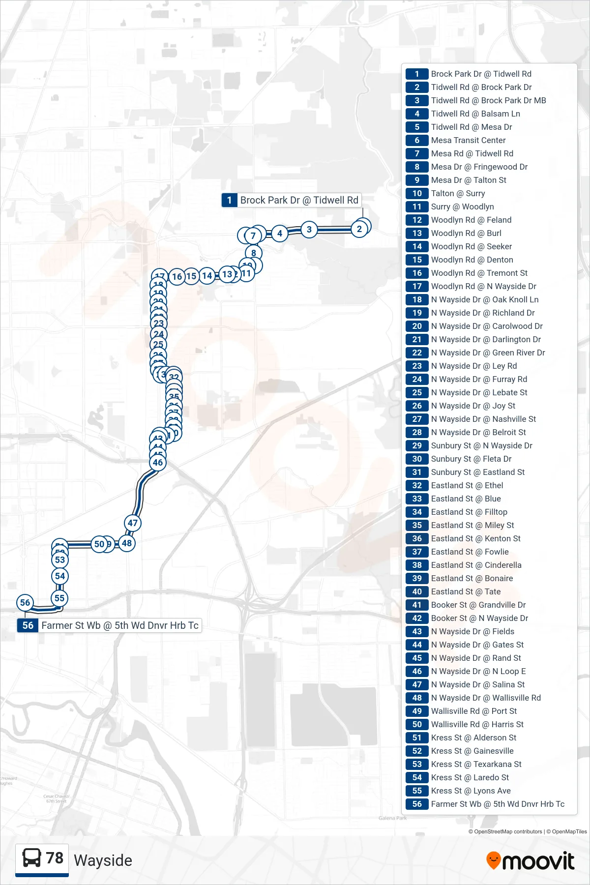 78 bus Line (Denver Harbor Tc - Southbound) route and stops on a map