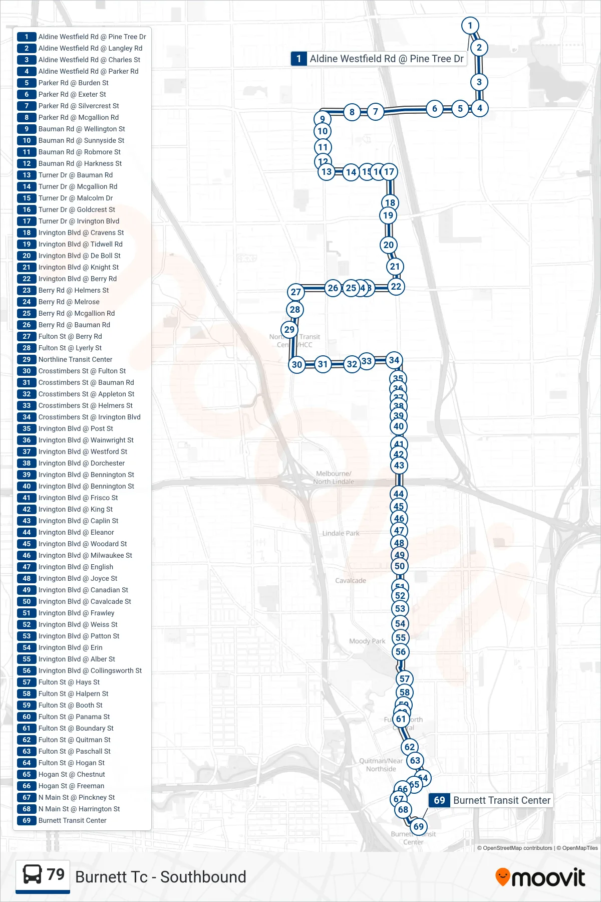 79 bus Line (Burnett Tc - Southbound) route and stops on a map