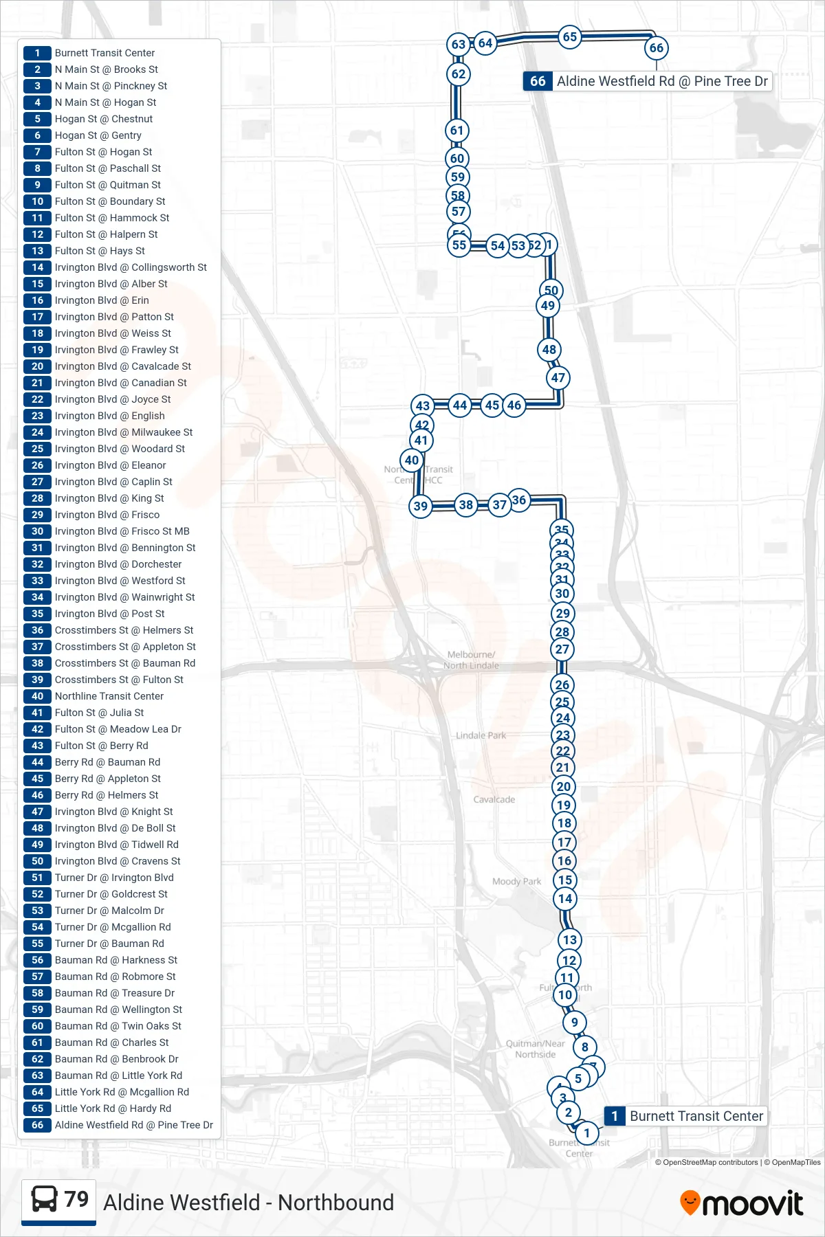 79 bus Line (Aldine Westfield - Northbound) route and stops on a map