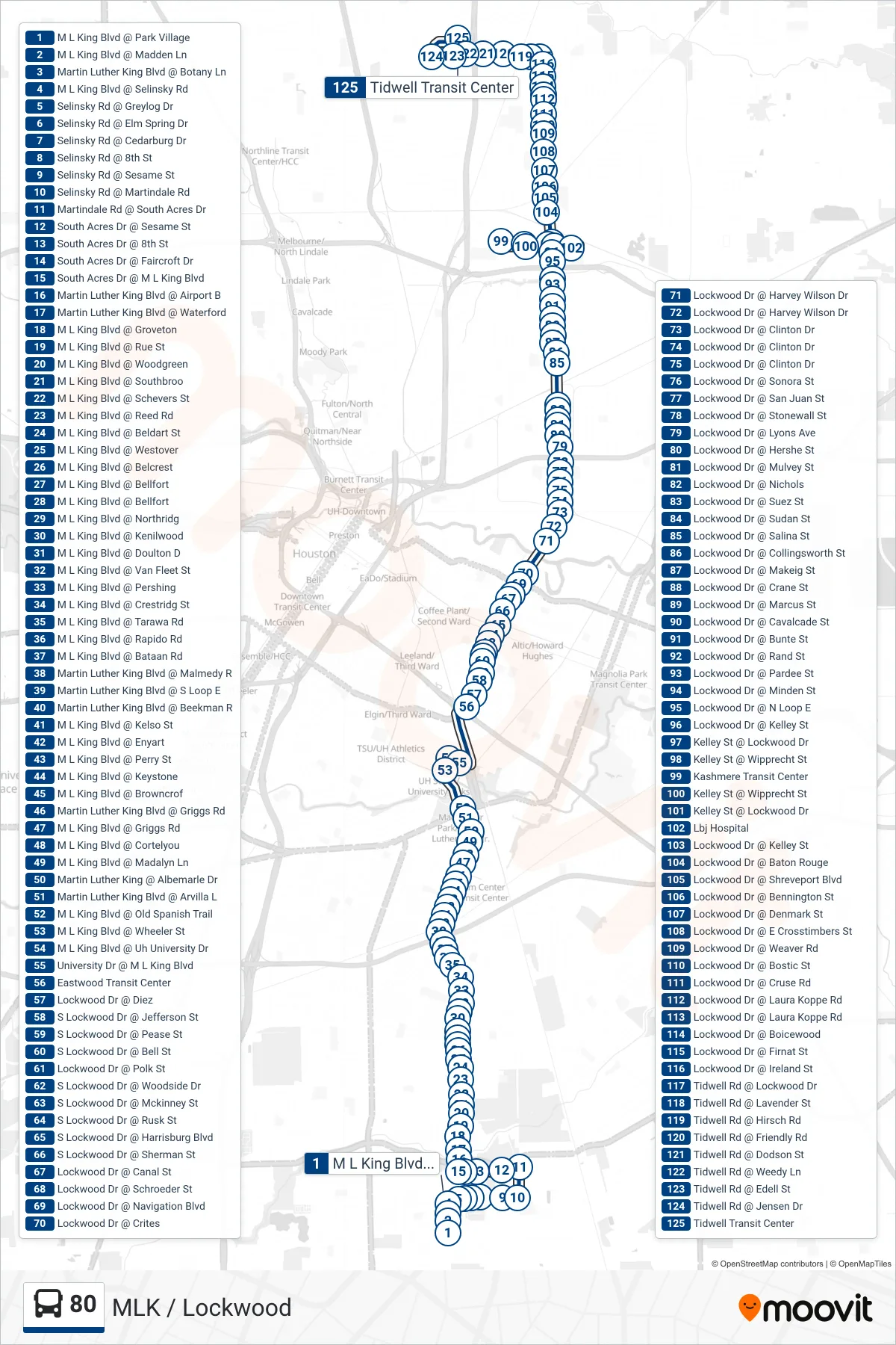 80 bus Line (Tidwell Tc - Northbound) route and stops on a map