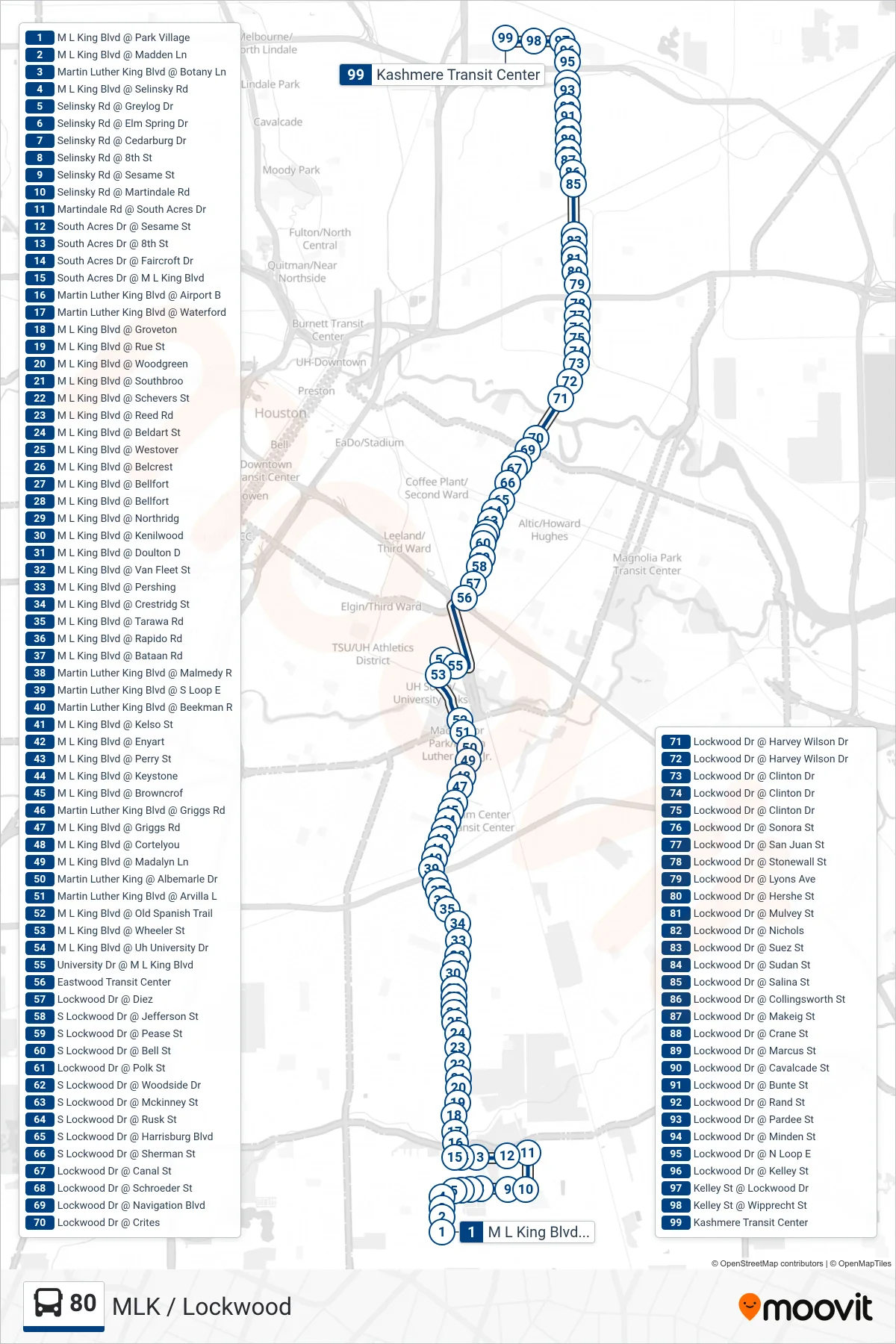 80 bus Line (Kashmere Tc - Northbound) route and stops on a map