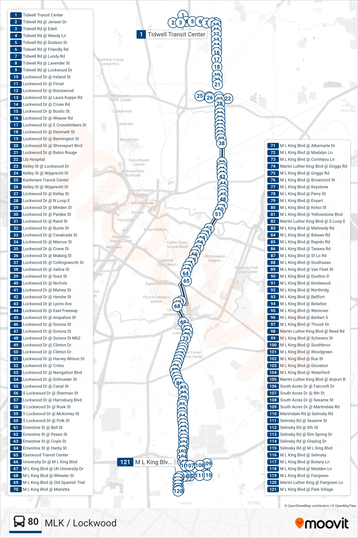 80 bus Line (Mlk & Park Village - Southbound) route and stops on a map