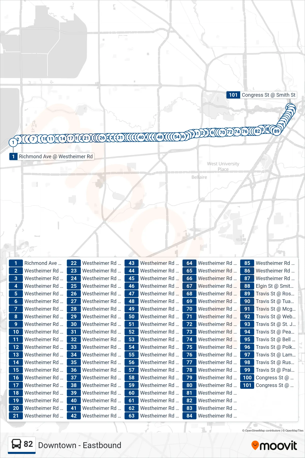 82 bus Line (Downtown - Eastbound) route and stops on a map